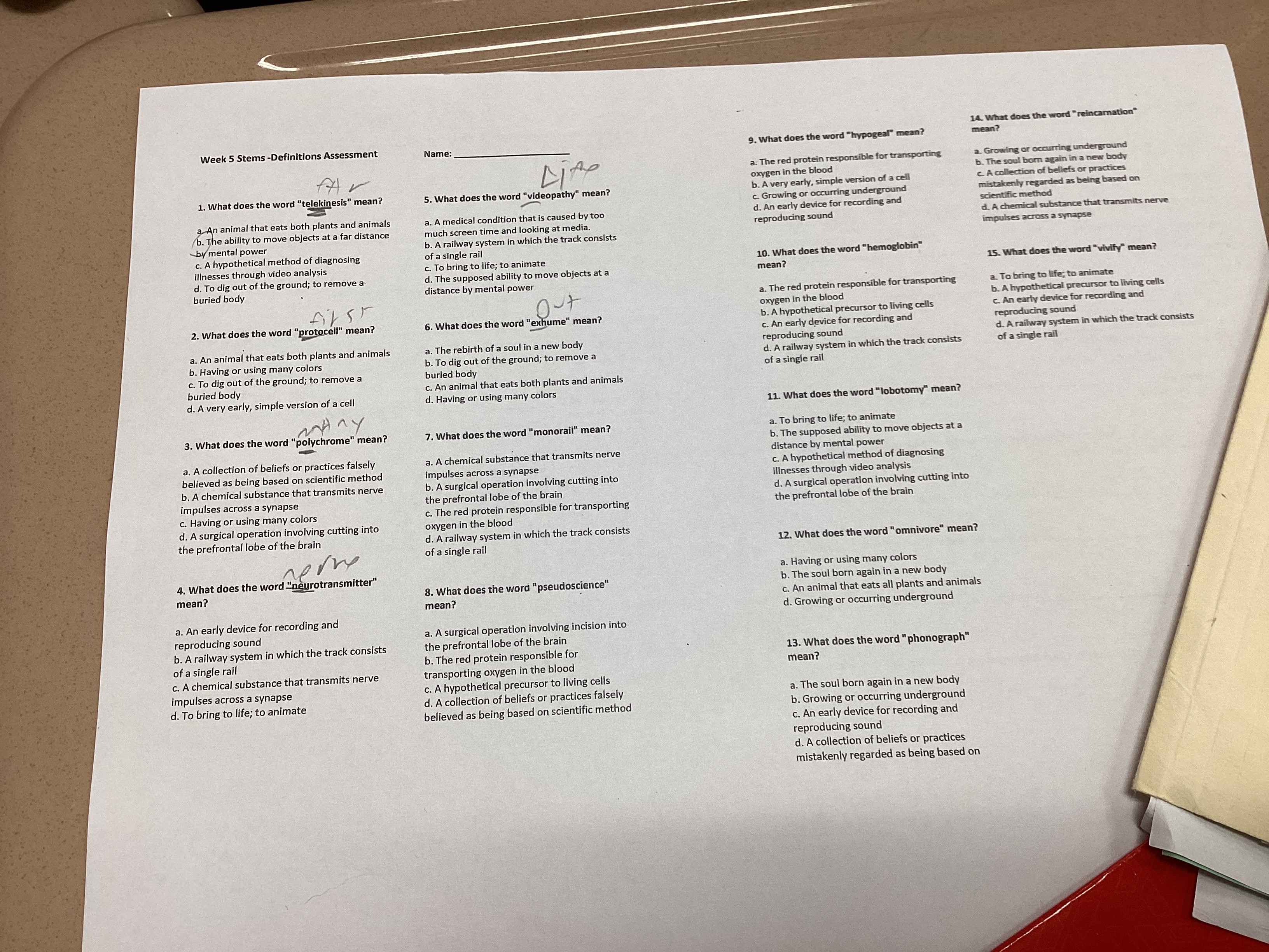 Week 5 Stems -Definitions Assessment
Name:
1. What does the word "tele