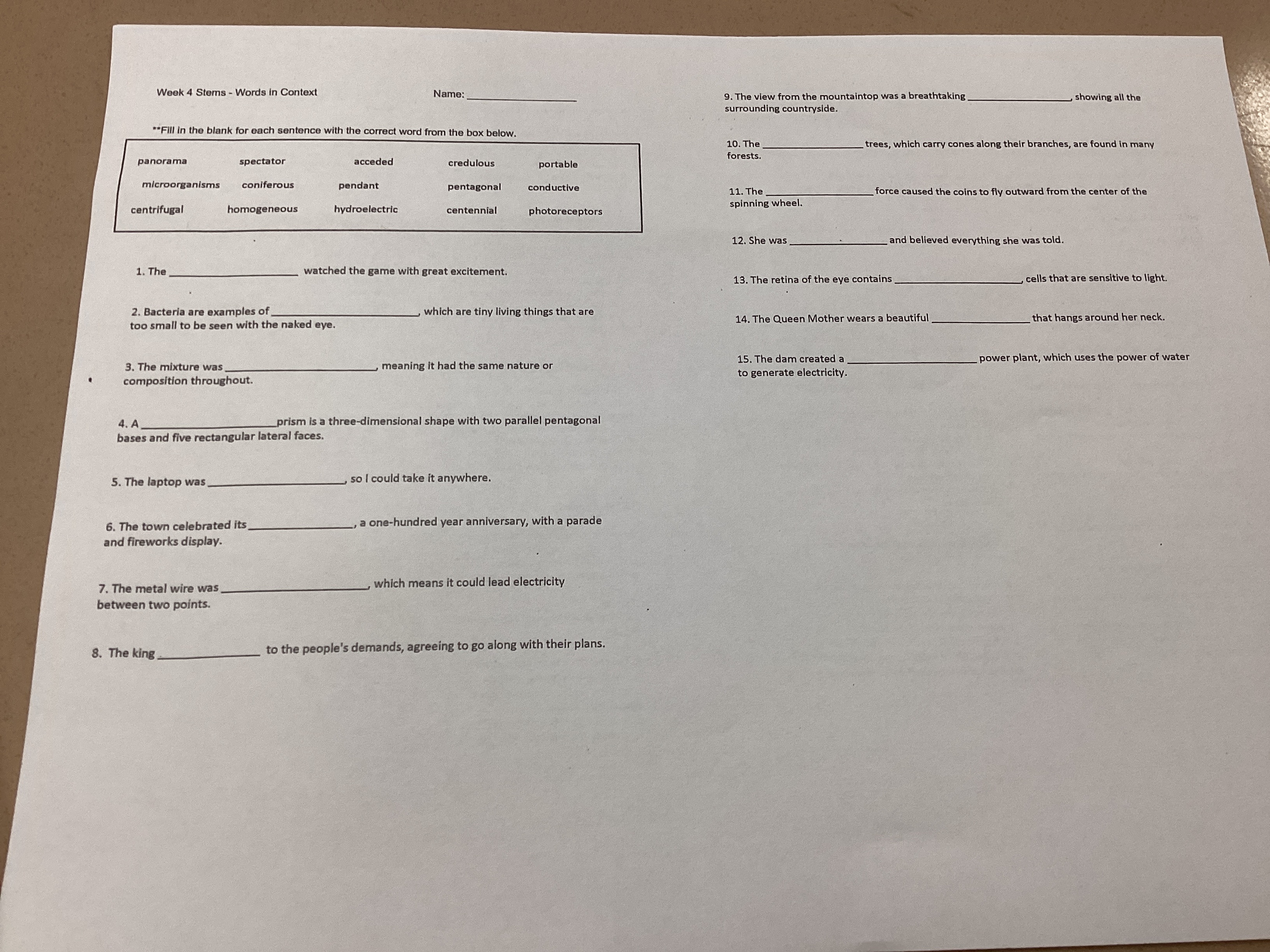 Week 4 Stems - Words in Context
Name:
**Fill in the blank for each sen