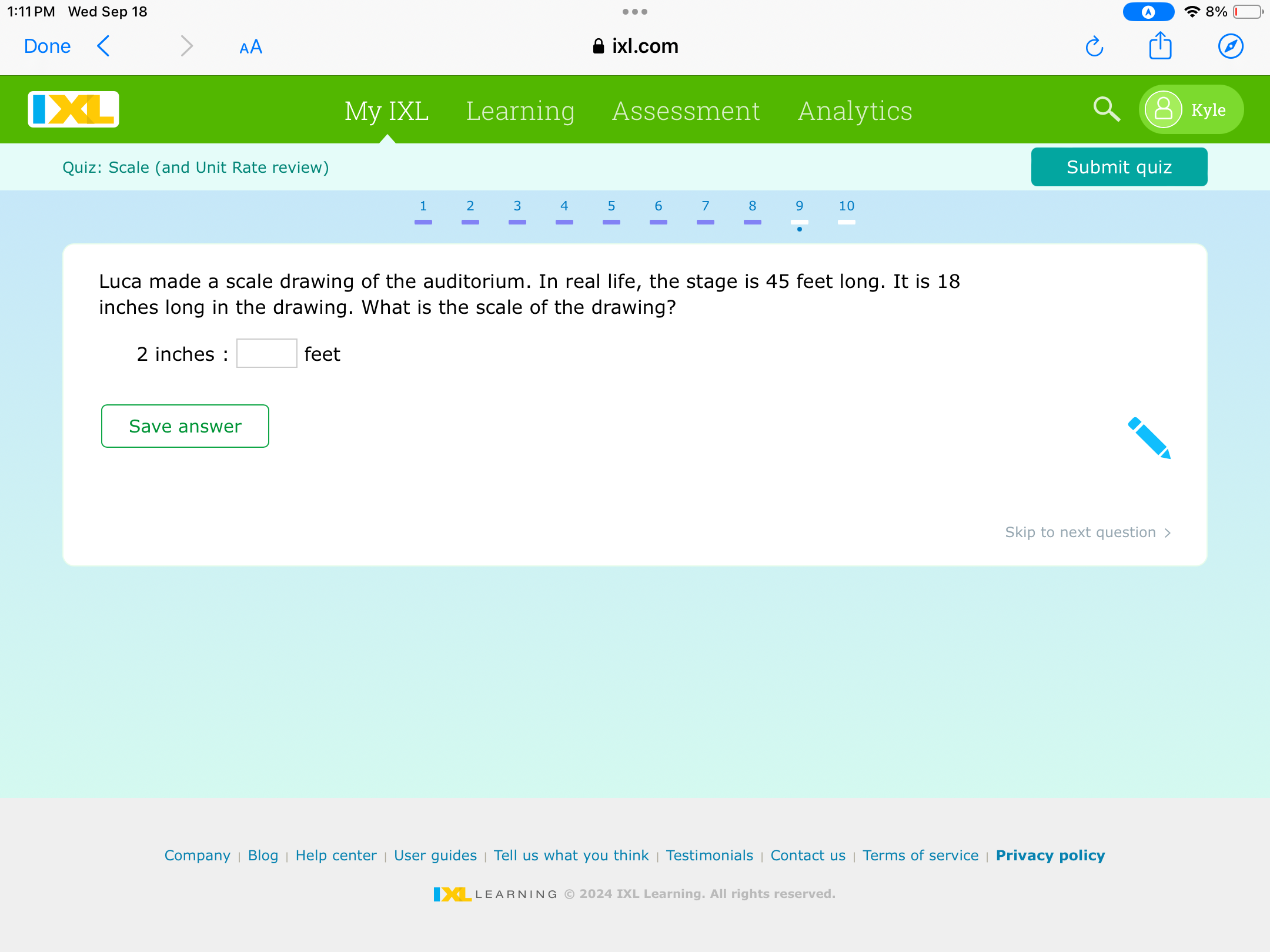 1:11PM Wed Sep 18
A
8%
□
Done
AA
ixl.com
(d)
□
My IXL
Learning □
Asses