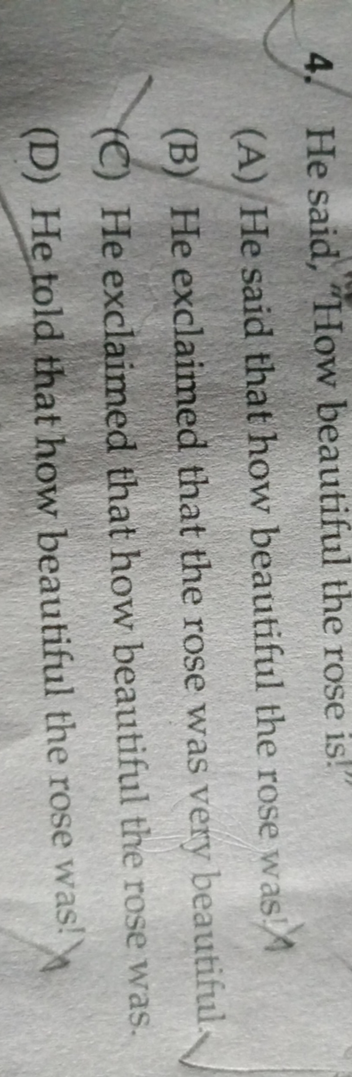 4. He said, "How beautiful the rose is!
(A) He said that how beautiful