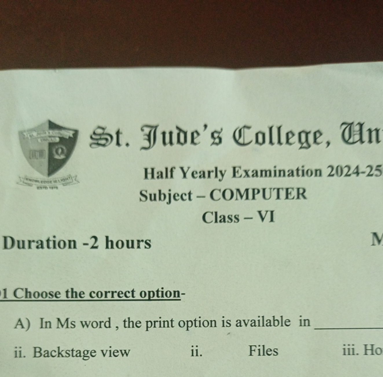 St. Jude's College, Hn
Half Yearly Examination 2024-25
Subject - COMPU