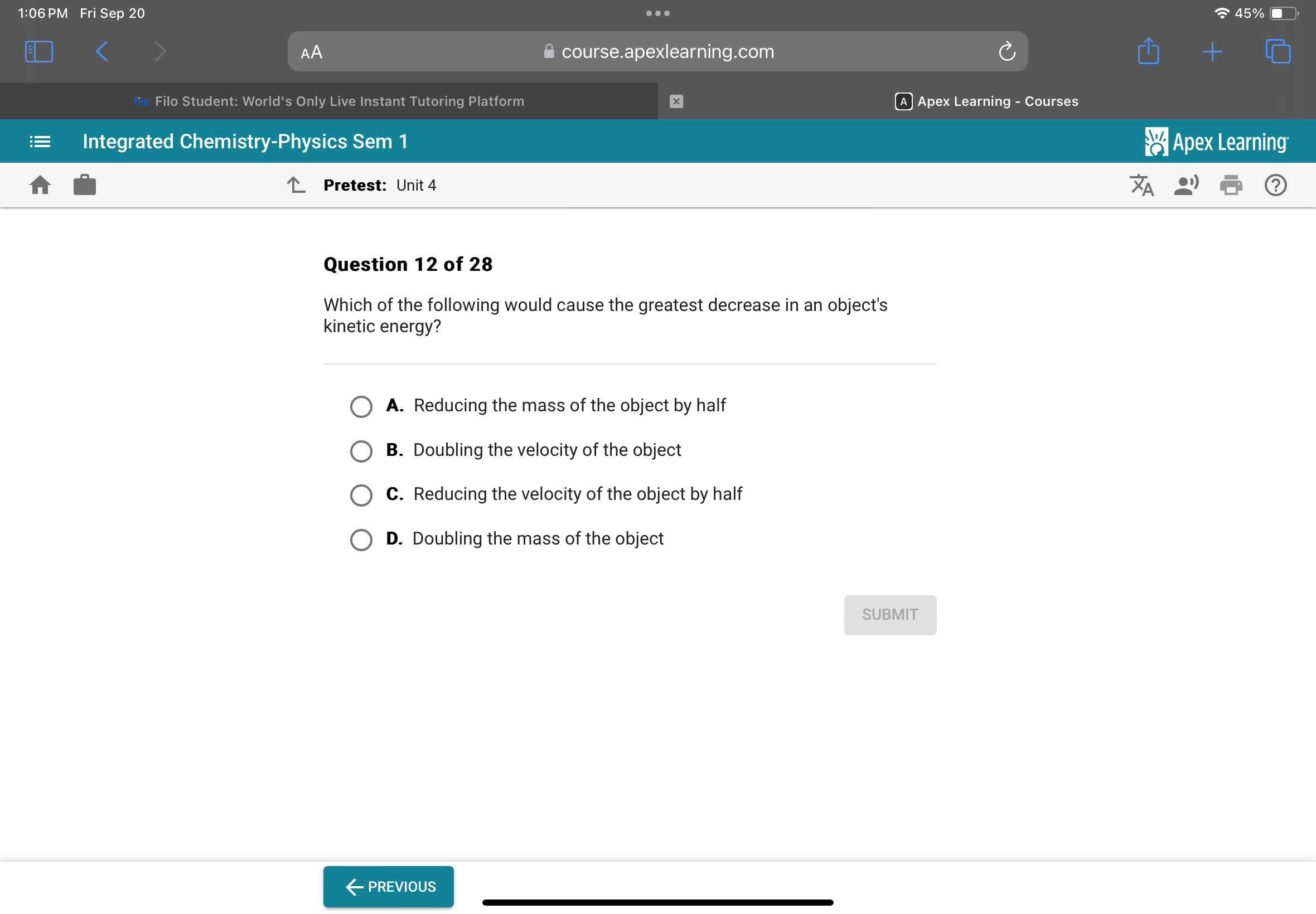 1:06 PM Fri Sep 20
45%
AA
course.apexlearning.com
filo Filo Student: W