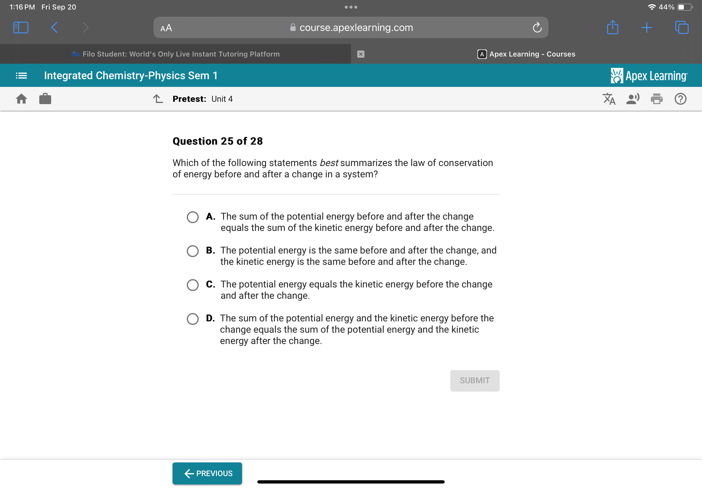 1:16 PM Fri Sep 20
44%
AA
course.apexlearning.com
filo Filo Student: W