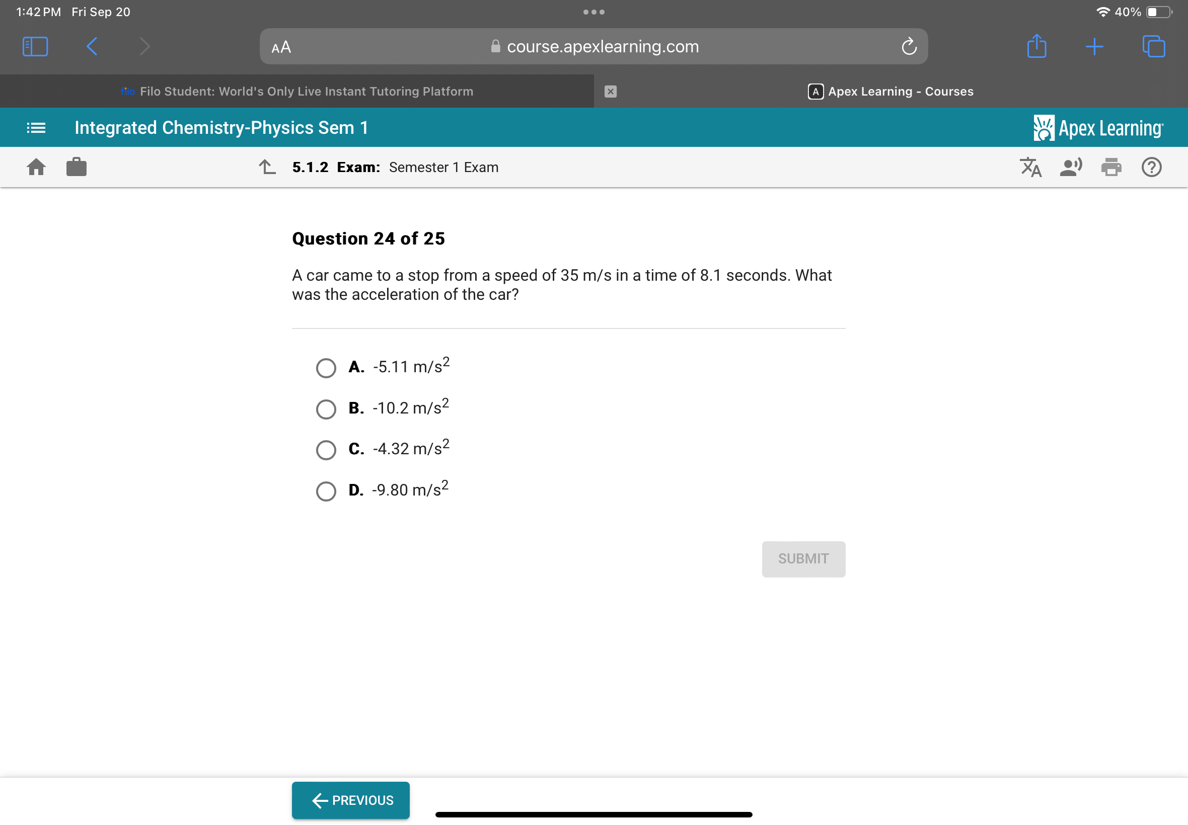 1:42 PM Fri Sep 20
40%
AA
course.apexlearning.com
filo Filo Student: W