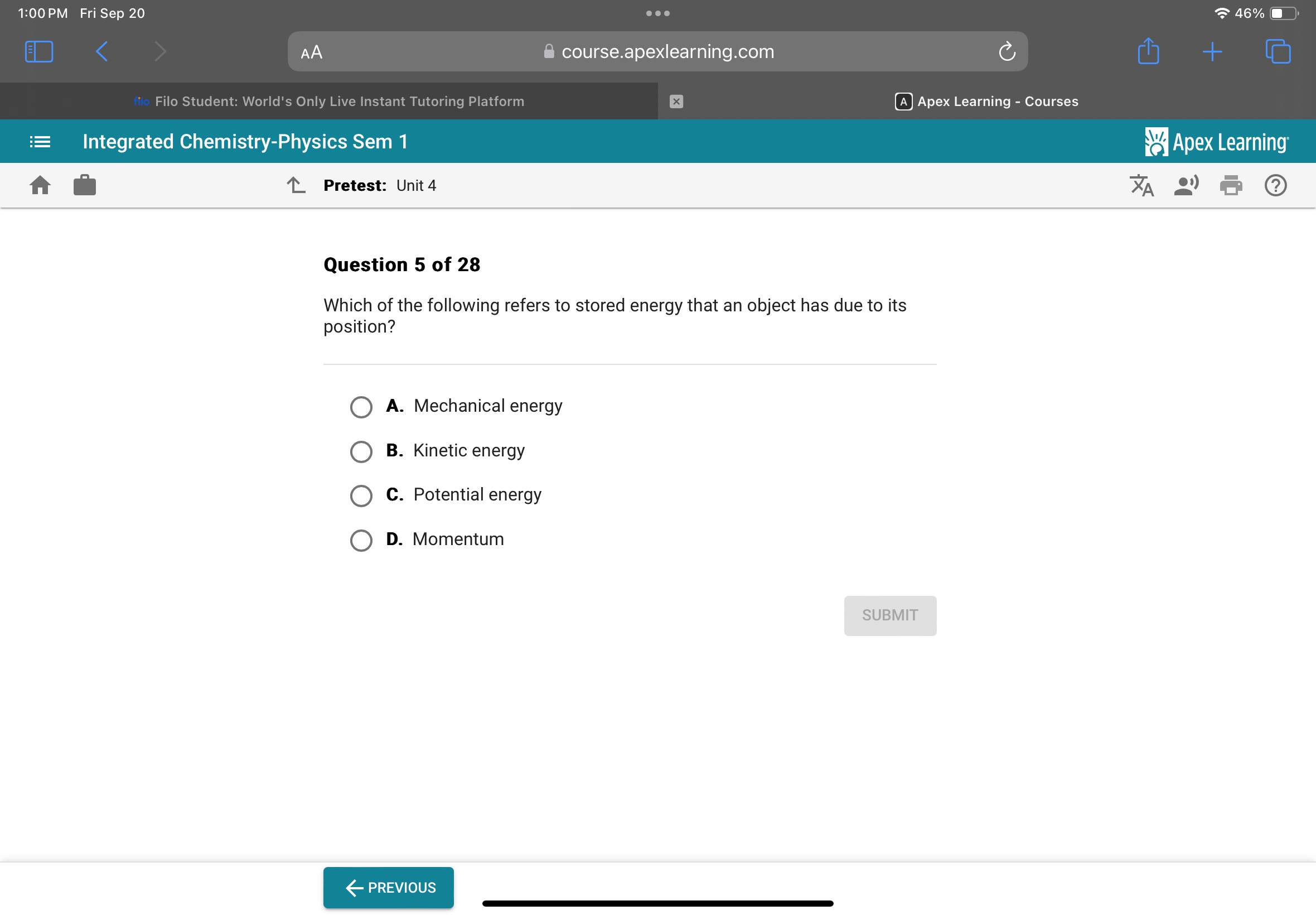 1:00 PM Fri Sep 20
46%
AA
course.apexlearning.com
filo Filo Student: W