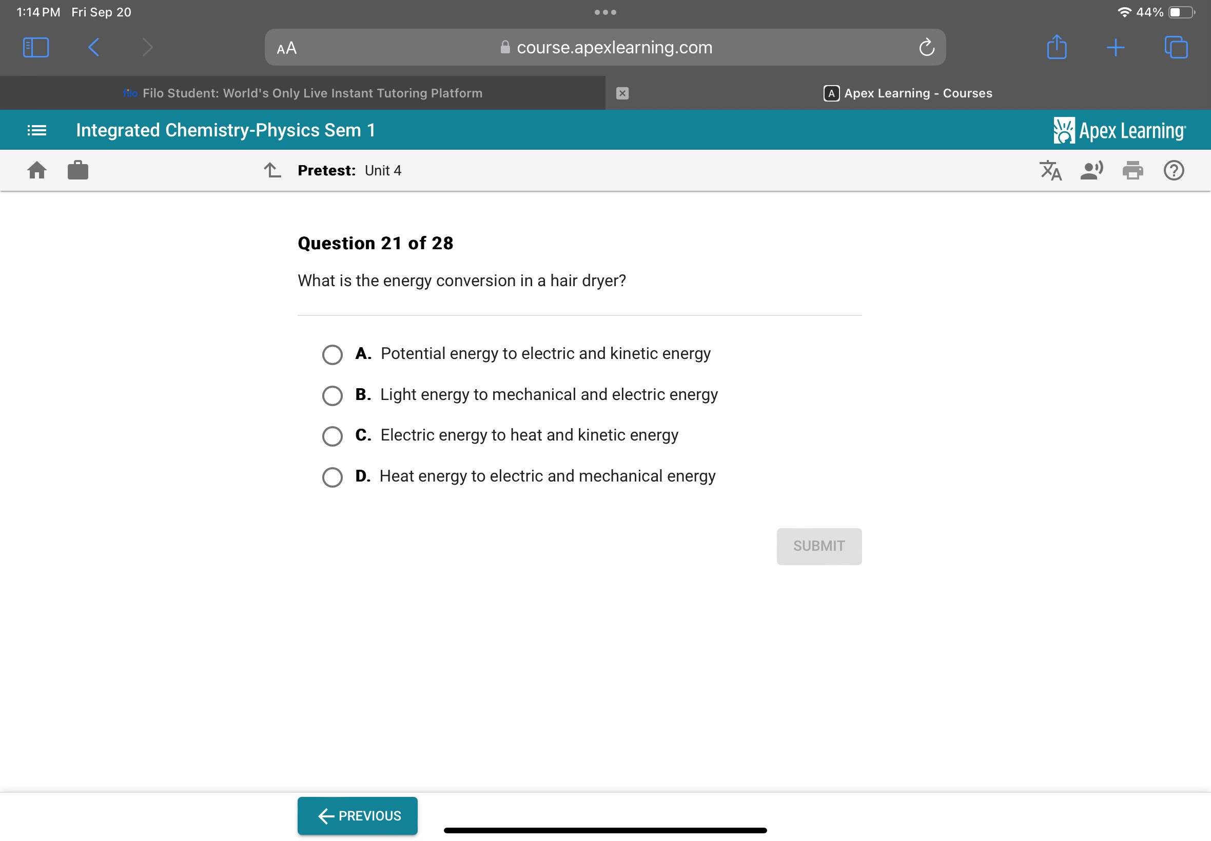 1:14 PM Fri Sep 20
44%
AA
course.apexlearning.com
filo Filo Student: W