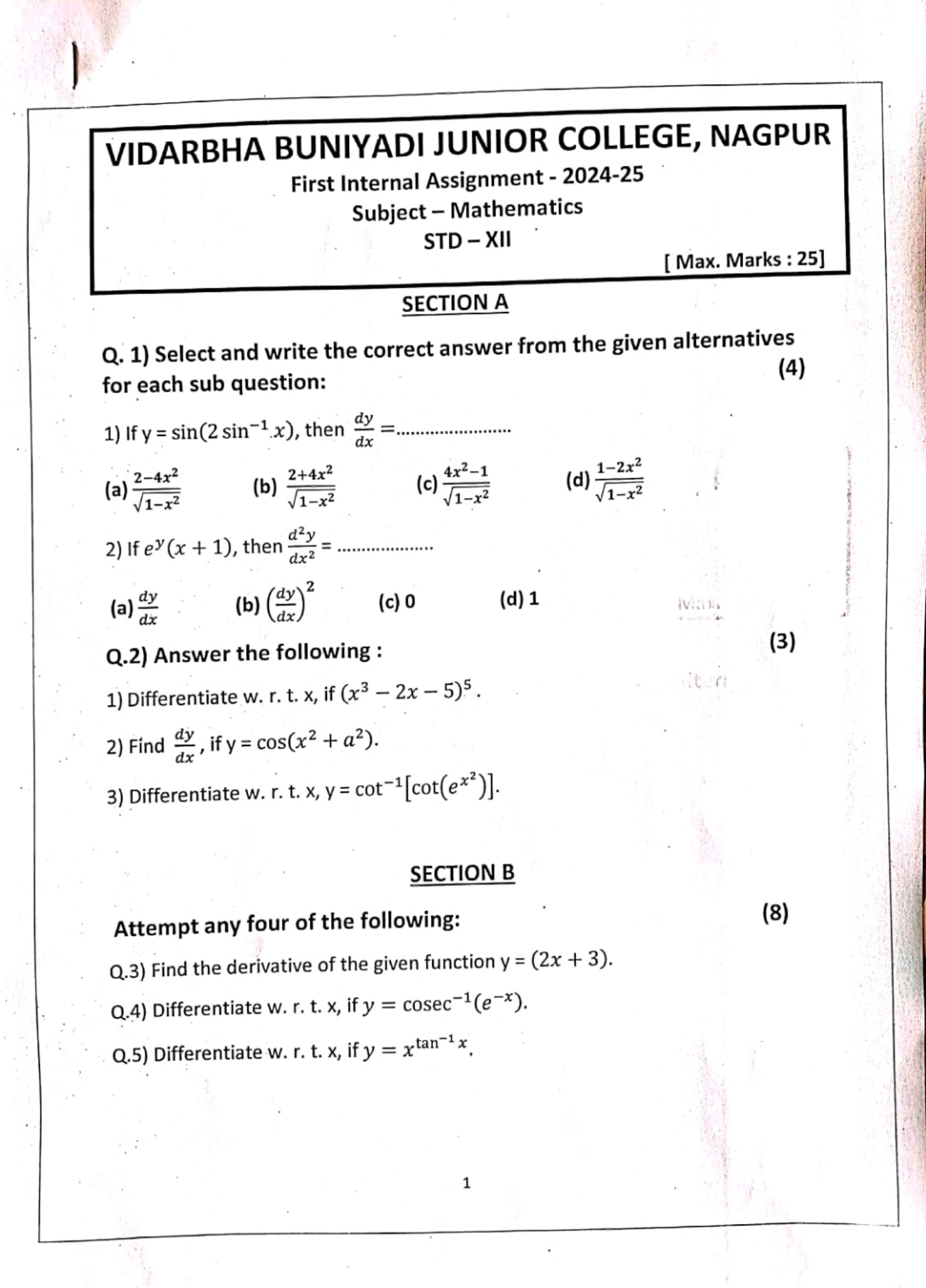 VIDARBHA BUNIYADI JUNIOR COLLEGE, NAGPUR
First Internal Assignment - 2