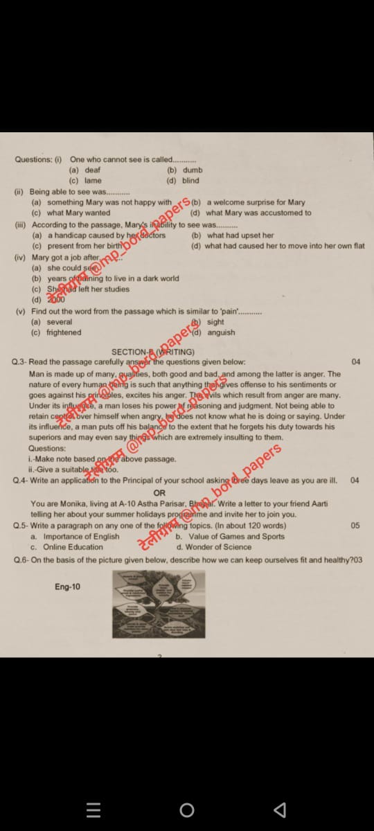 Questions: (i) One who cannot see is called
(a) deaf
(b) dumb
(c) tame