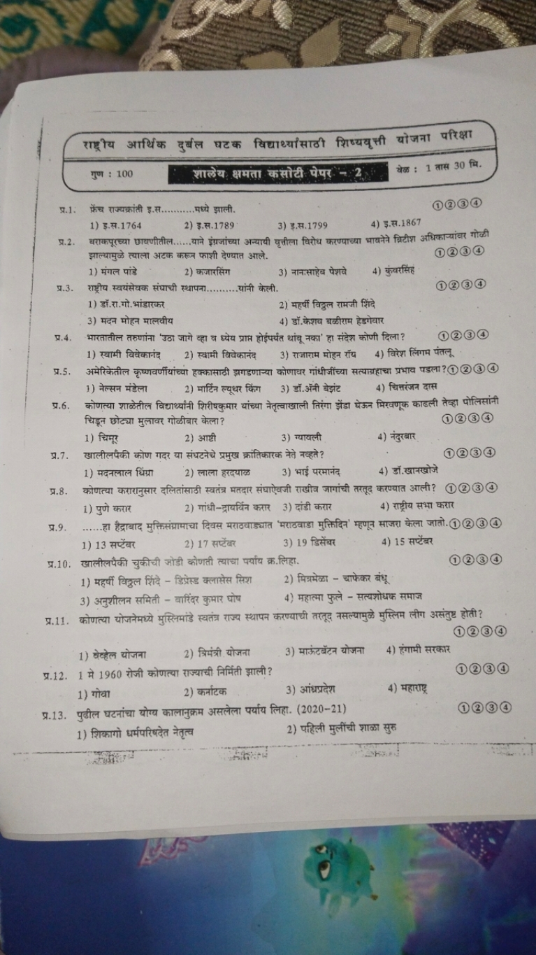 राष्द्रैय आर्थिक दुर्बल घटक विद्याध्यांसाठी शिष्यघृक्ती योजना परिक्षा
