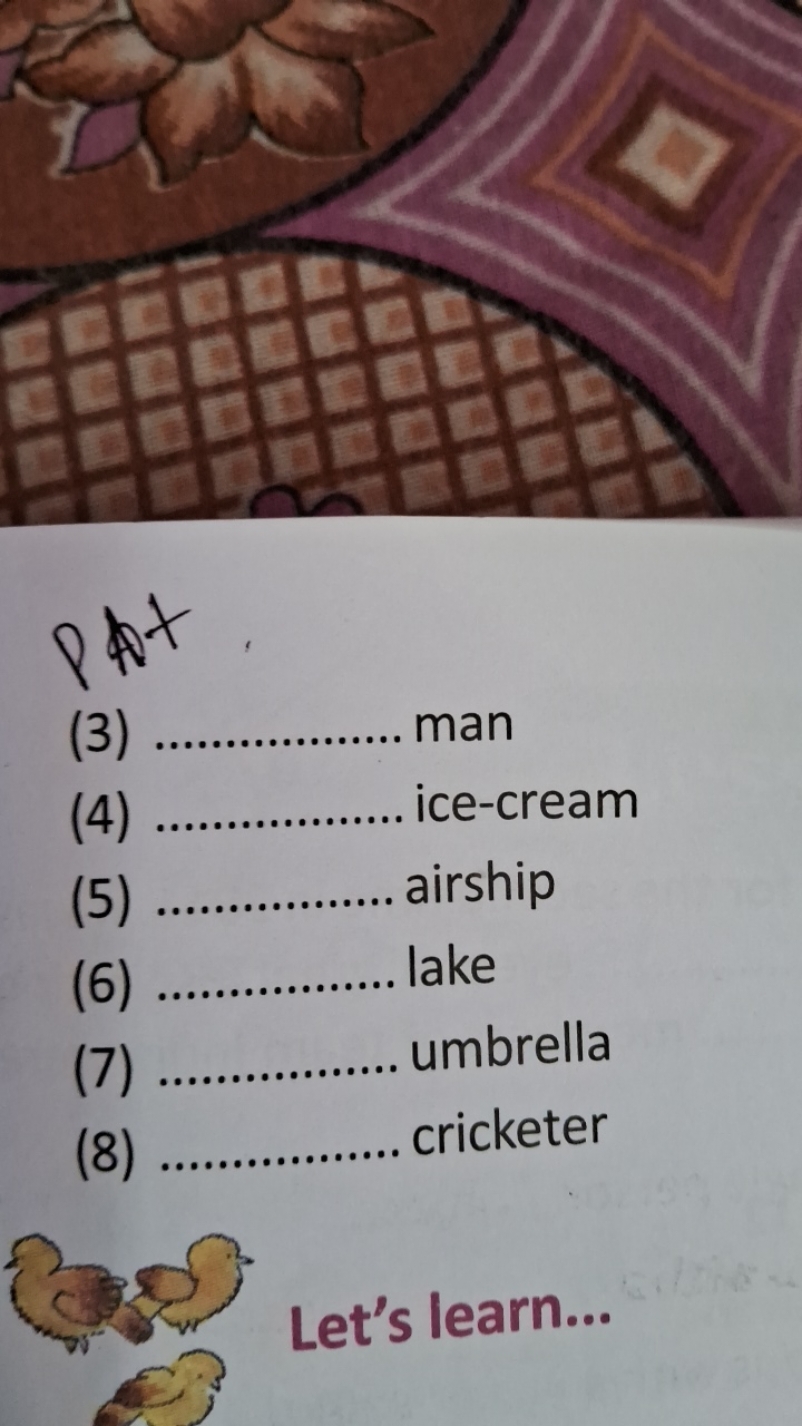 pt
(3)  man
(4)  ice-cream
(5)  airship
(6)  lake
(7)  umbrella
(8)  c