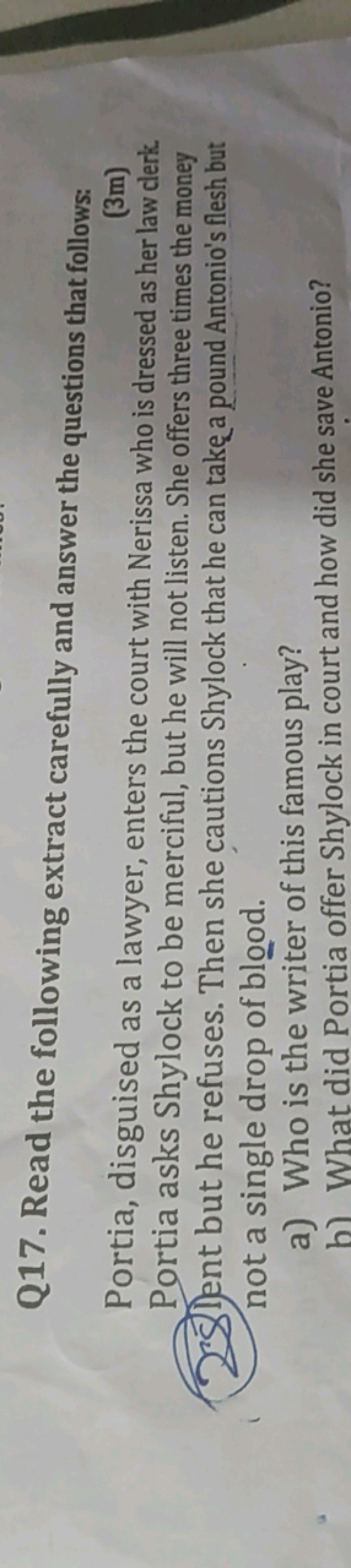 Q17. Read the following extract carefully and answer the questions tha