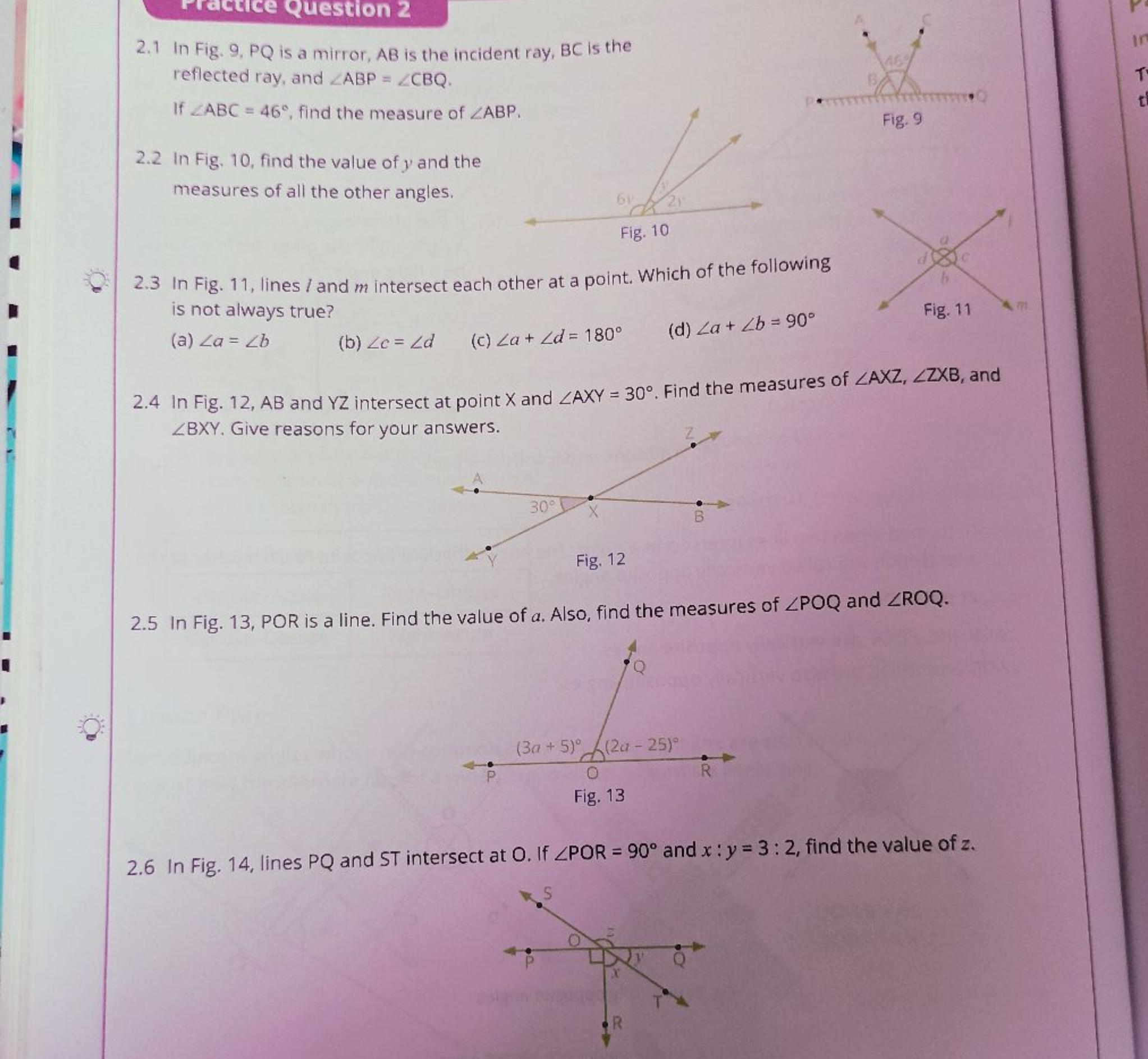 2.1 In Fig. 9, PQ is a mirror, AB is the incident ray, BC is the refle