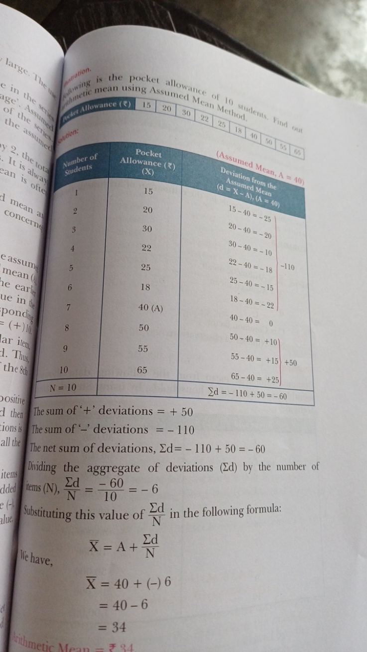 

The sum of ' + ' deviations =+50
The sum of '-' deviations =−110
The