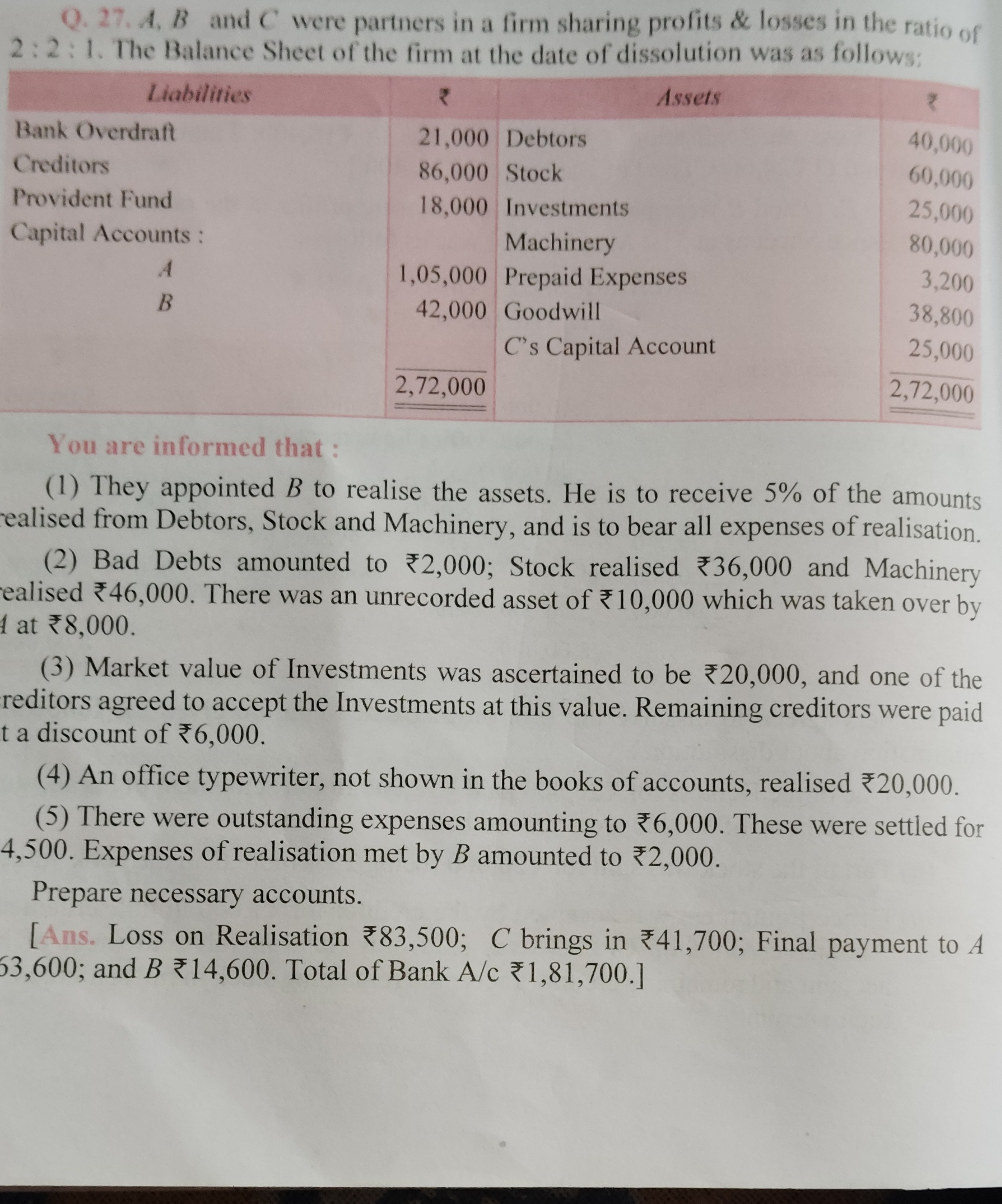 Q. 27. A, B and C were partners in a firm sharing profits & losses in 