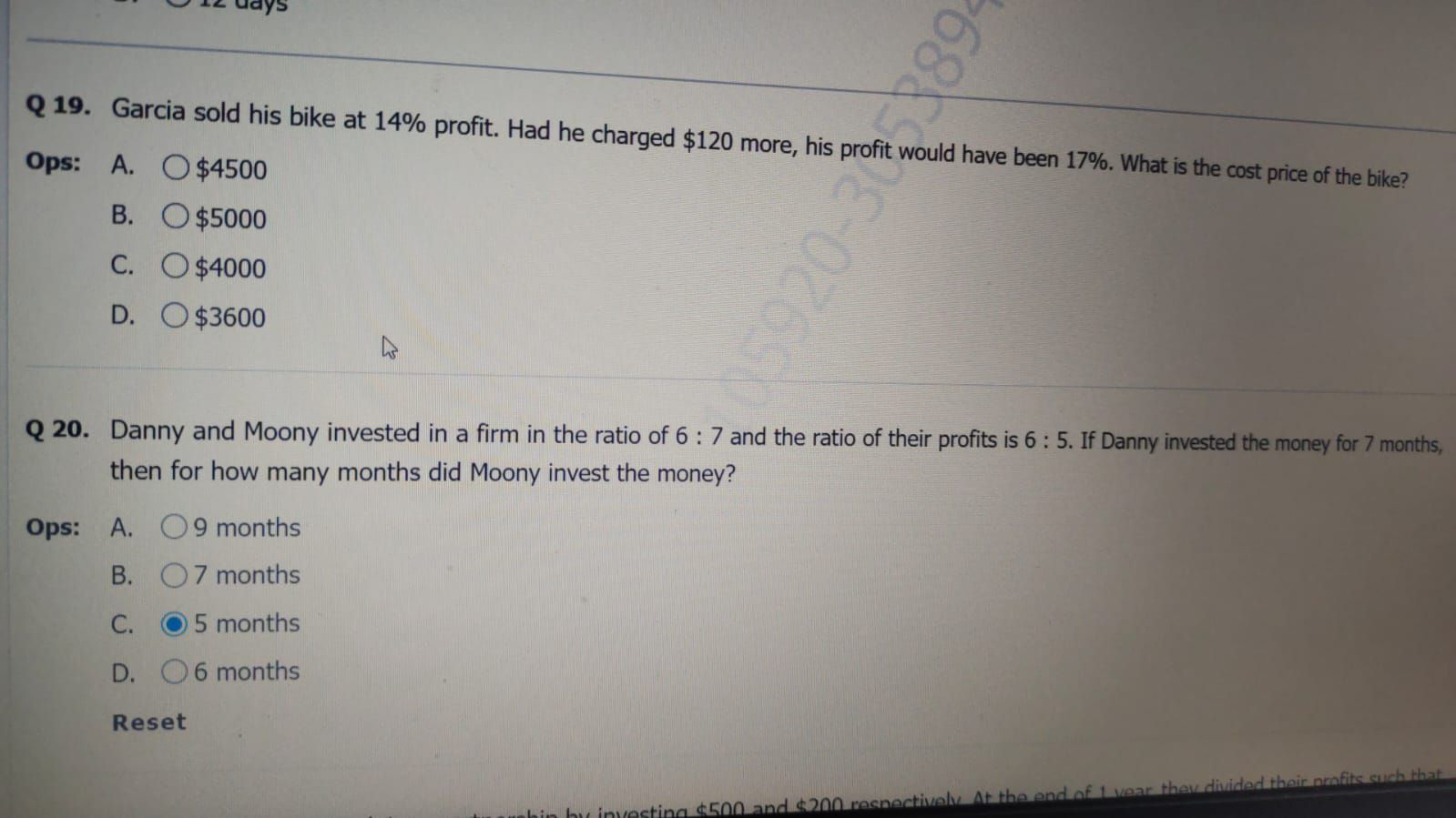 Q 19. Garcia sold his bike at 14% profit. Had he charged  120more,hisp