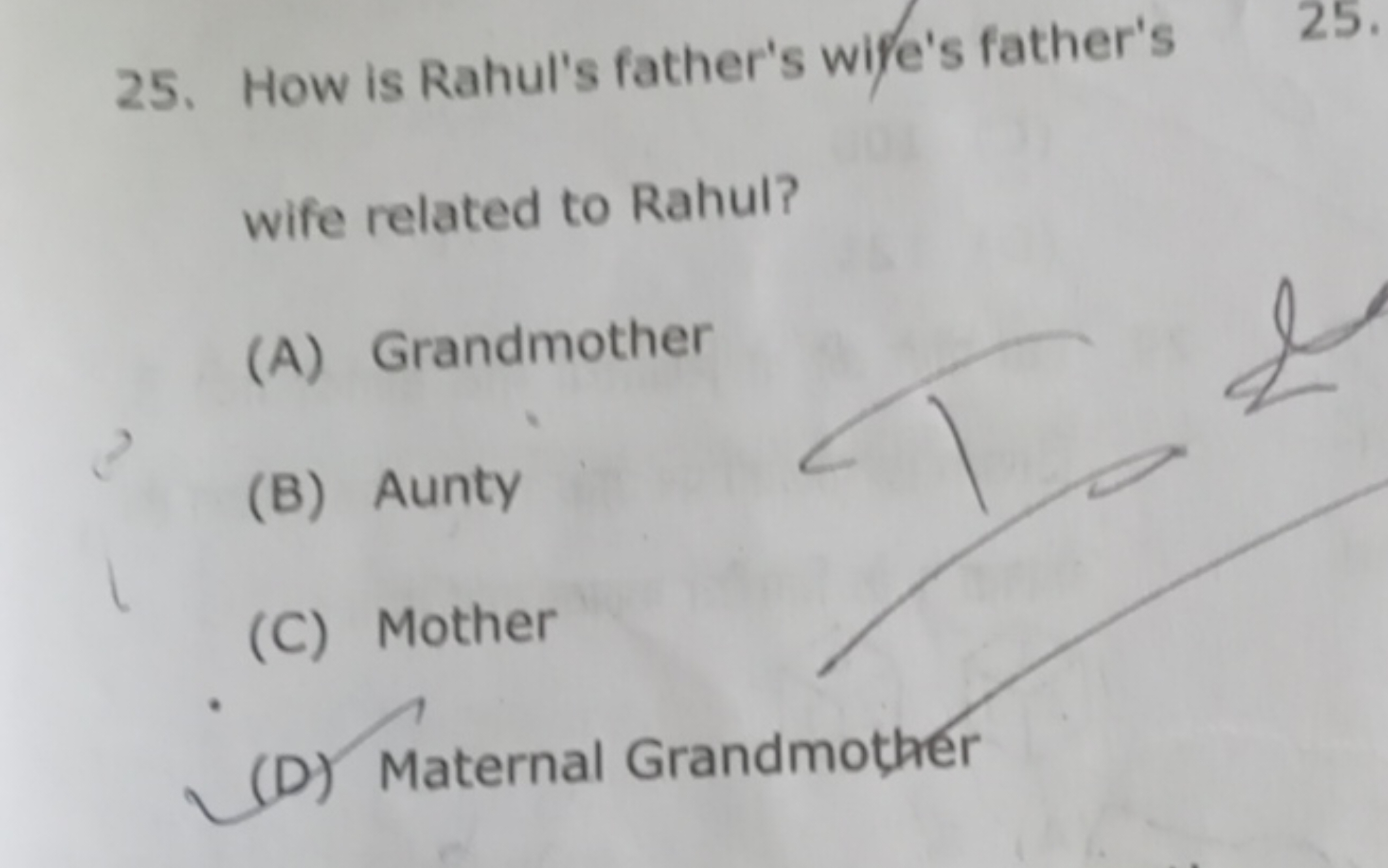 25. How is Rahul's father's wife's father's wife related to Rahul?
(A)