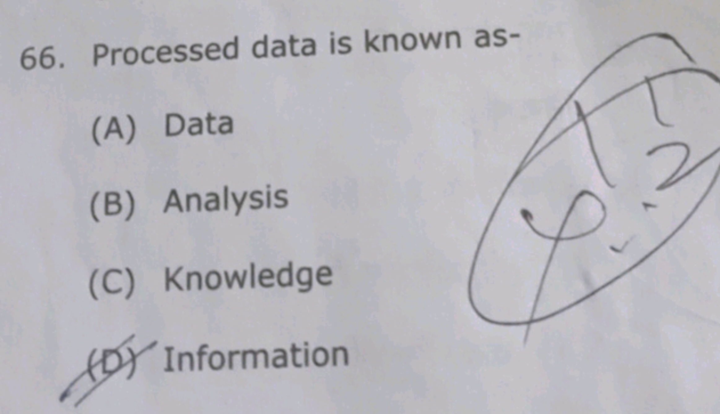 66. Processed data is known as-
(A) Data
(B) Analysis
(C) Knowledge
(D