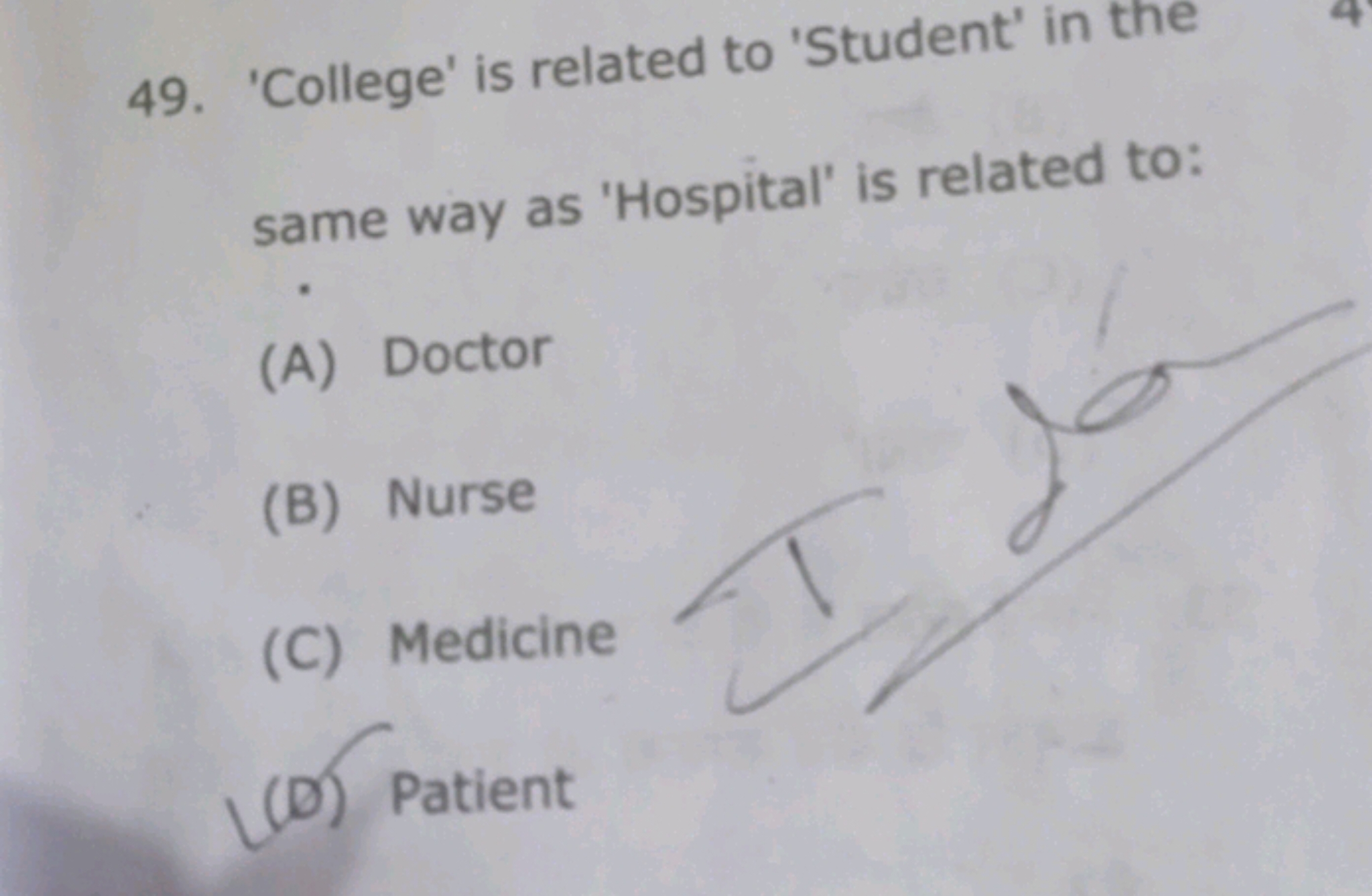 49. 'College' is related to 'Student' in the same way as 'Hospital' is