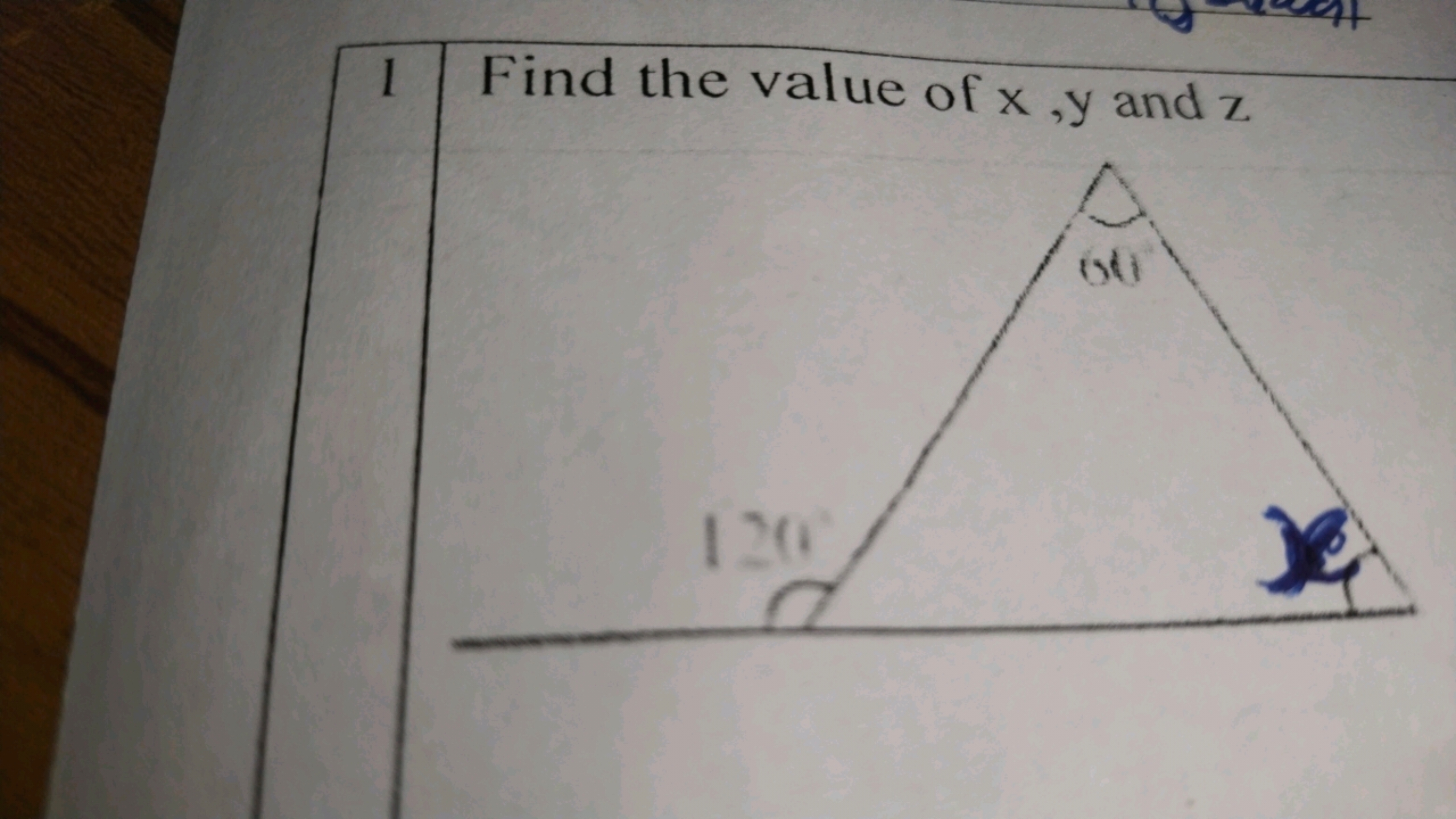 \begin{tabular} { l | l } 
\hline 1 & Find the value of x,y and z
\end