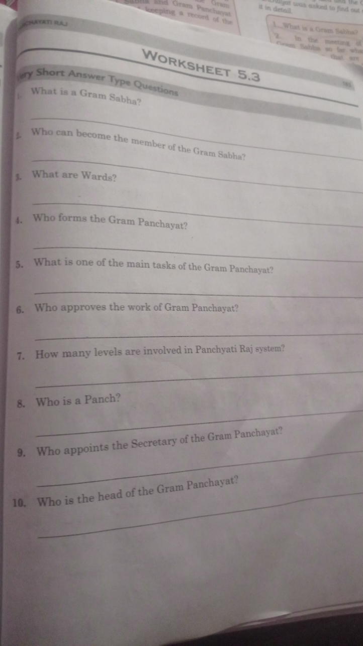 ery Short Answer Type Questions
1. What is a Gram Sabha?

WORKSHEET 5.