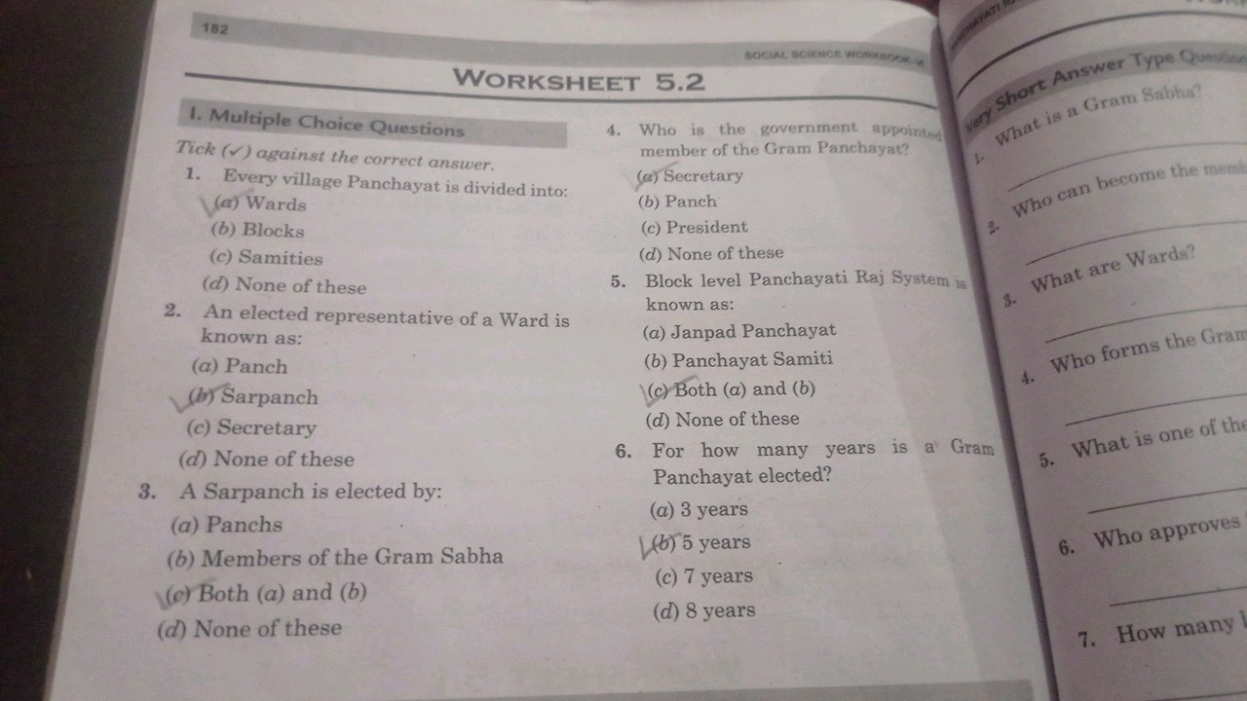 182
ATI
WORKSHEET 5.2
1. Multiple Choice Questions
Tick () against the