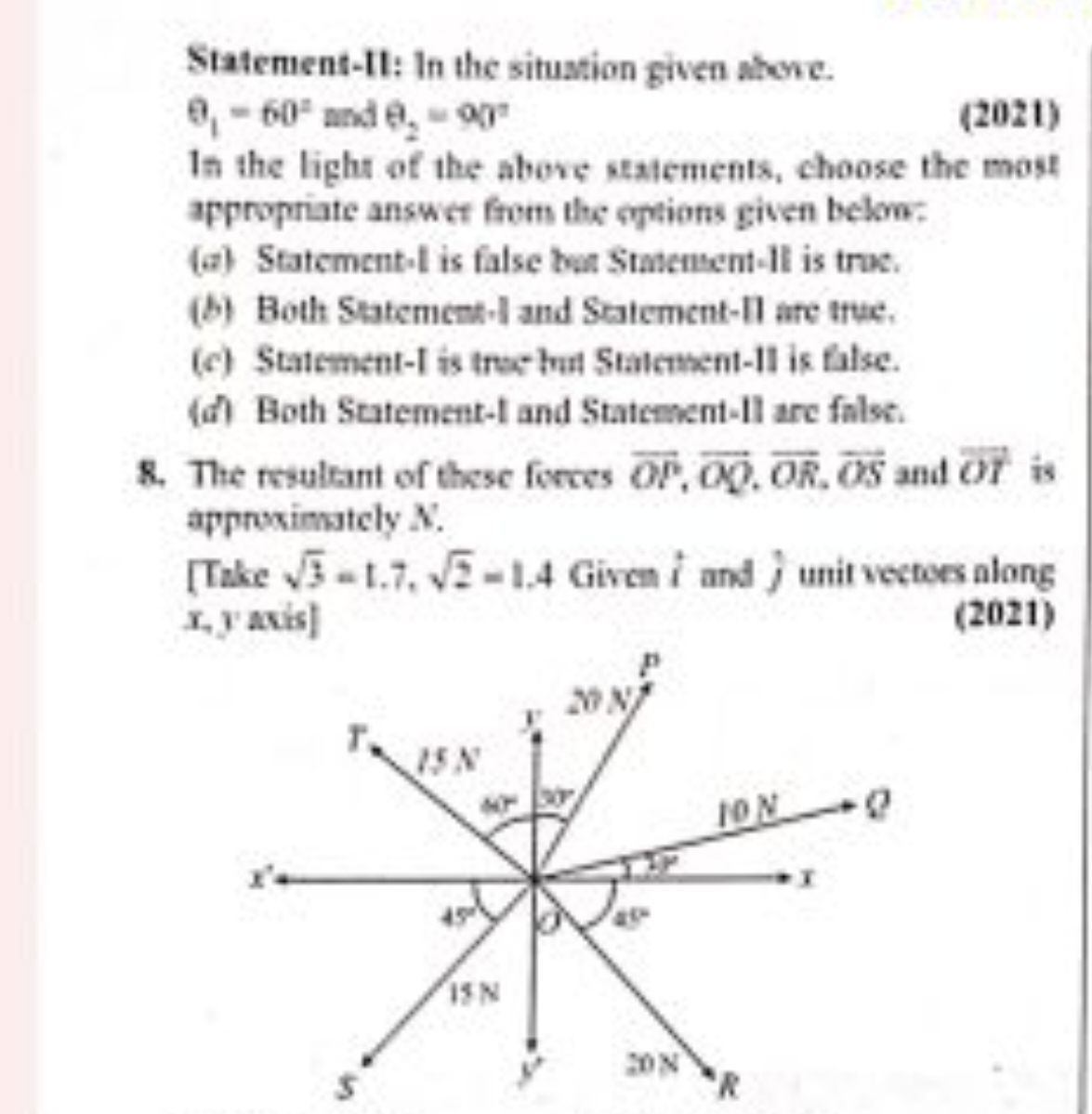 Statement-II: In the situation given alove.
θ1​=602 and θ2​=90∘
(2021)