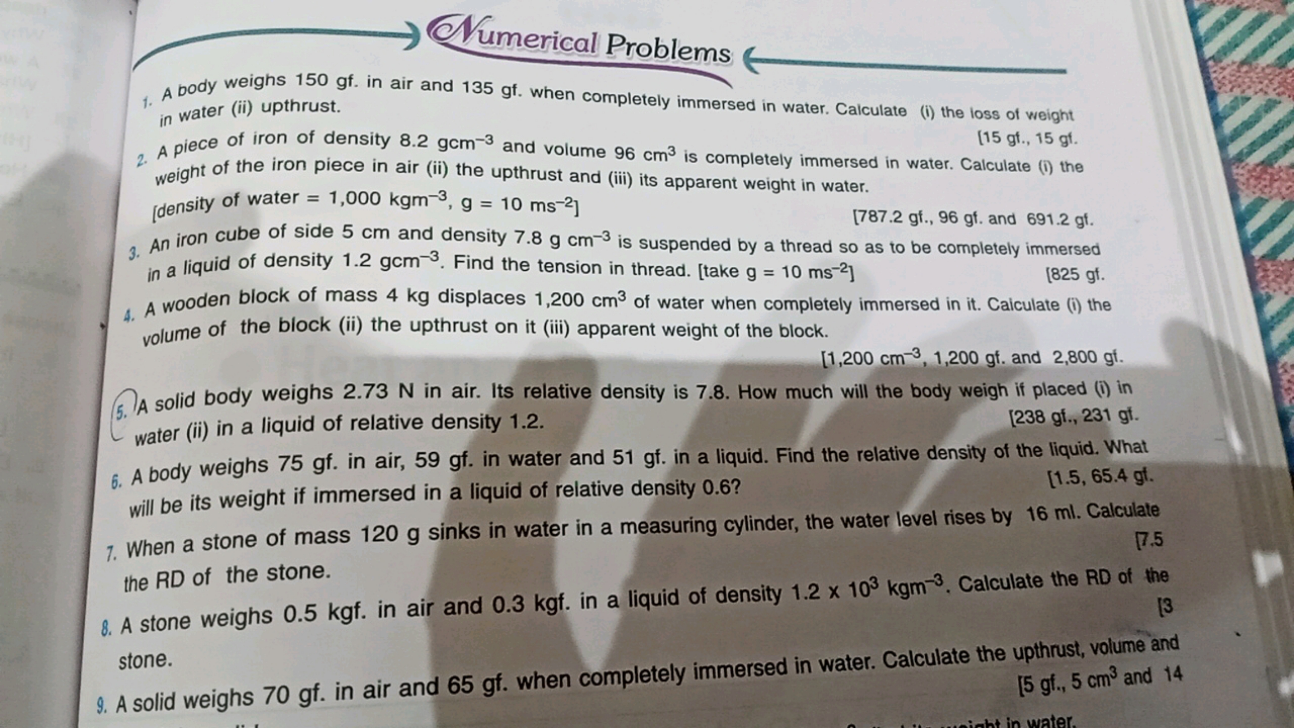 H
Numerical Problems
1. A body weighs 150 gf. in air and 135 gf. when 