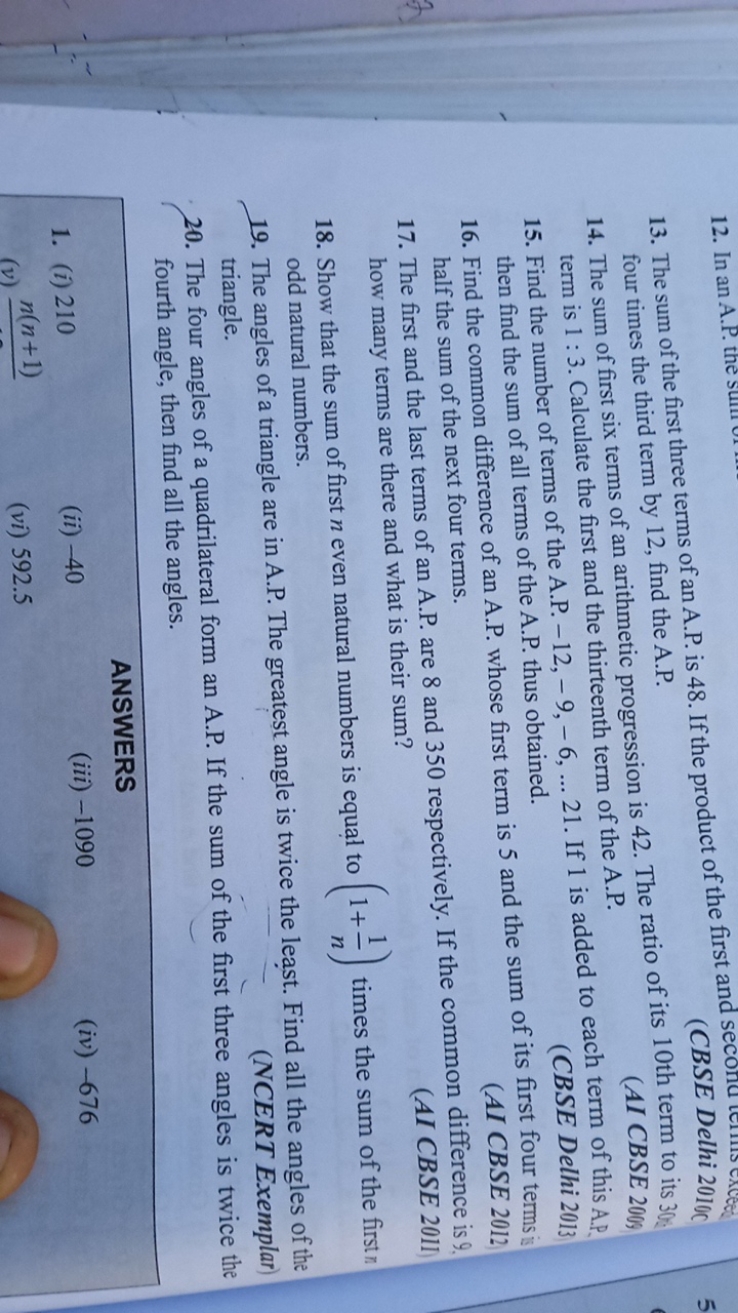 13. The sum of the first three terms of an A.P. is 48. If the product 