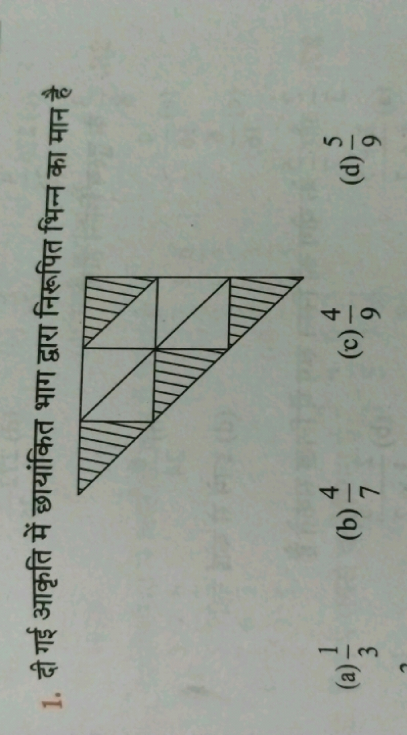 1. दी गई आकृति में छायांकित भाग द्वारा निरूपित भिन्न का मान है
(a) 31​