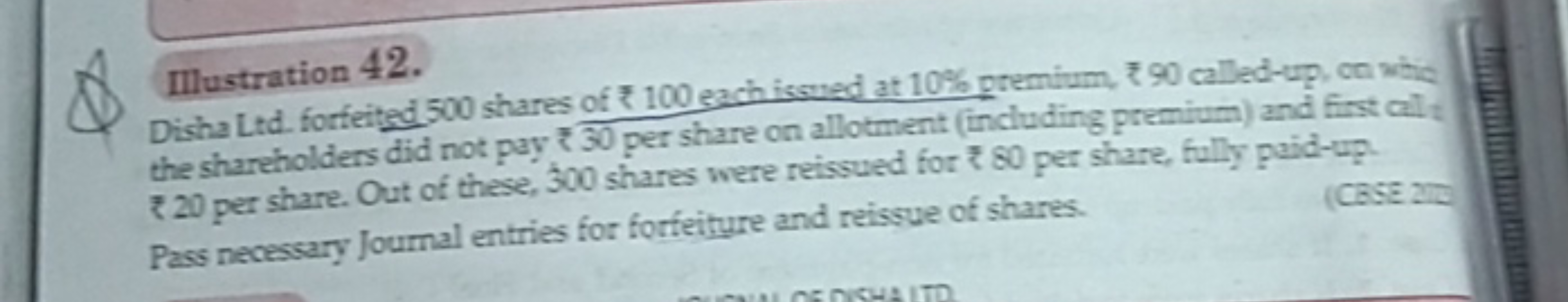 Illustration 42.
Disha Ltd. forfeited 500 shares of ₹ 100 each issued 