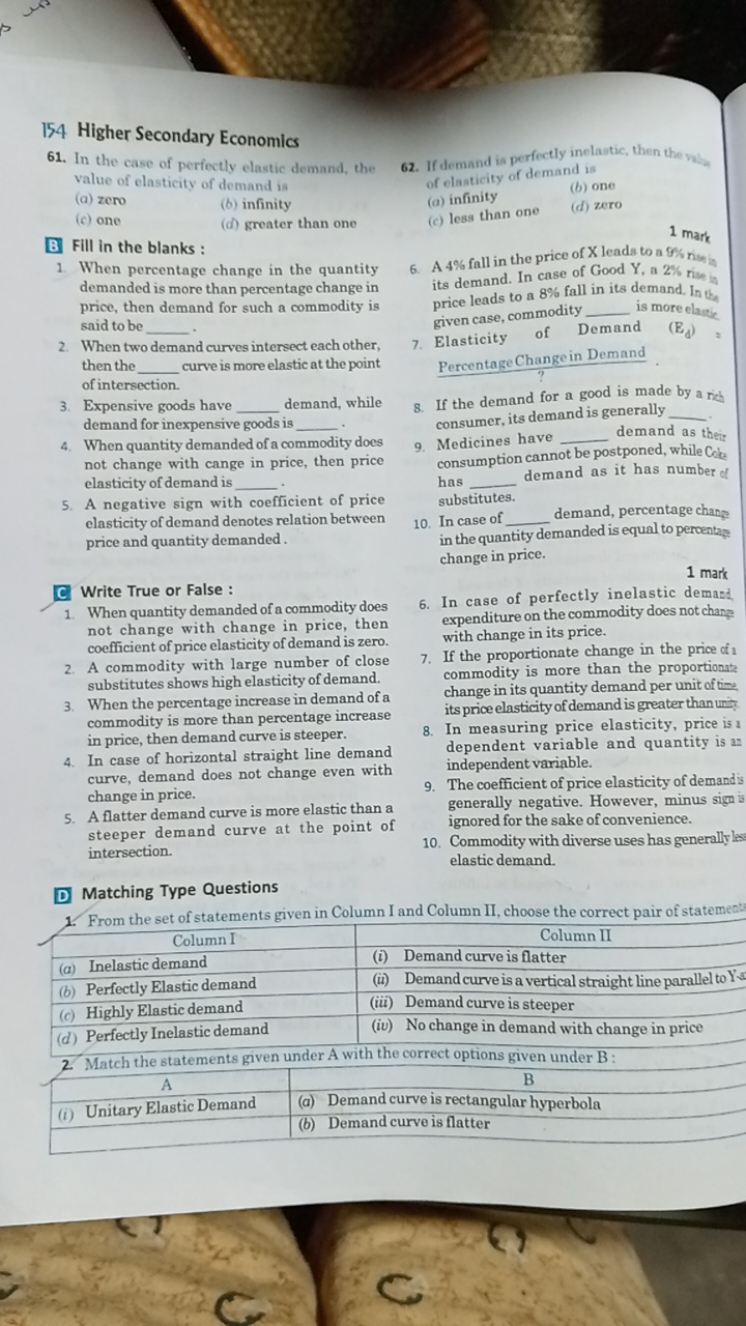 154 Higher Secondary Economics
61. In the case of perfectly elastic de