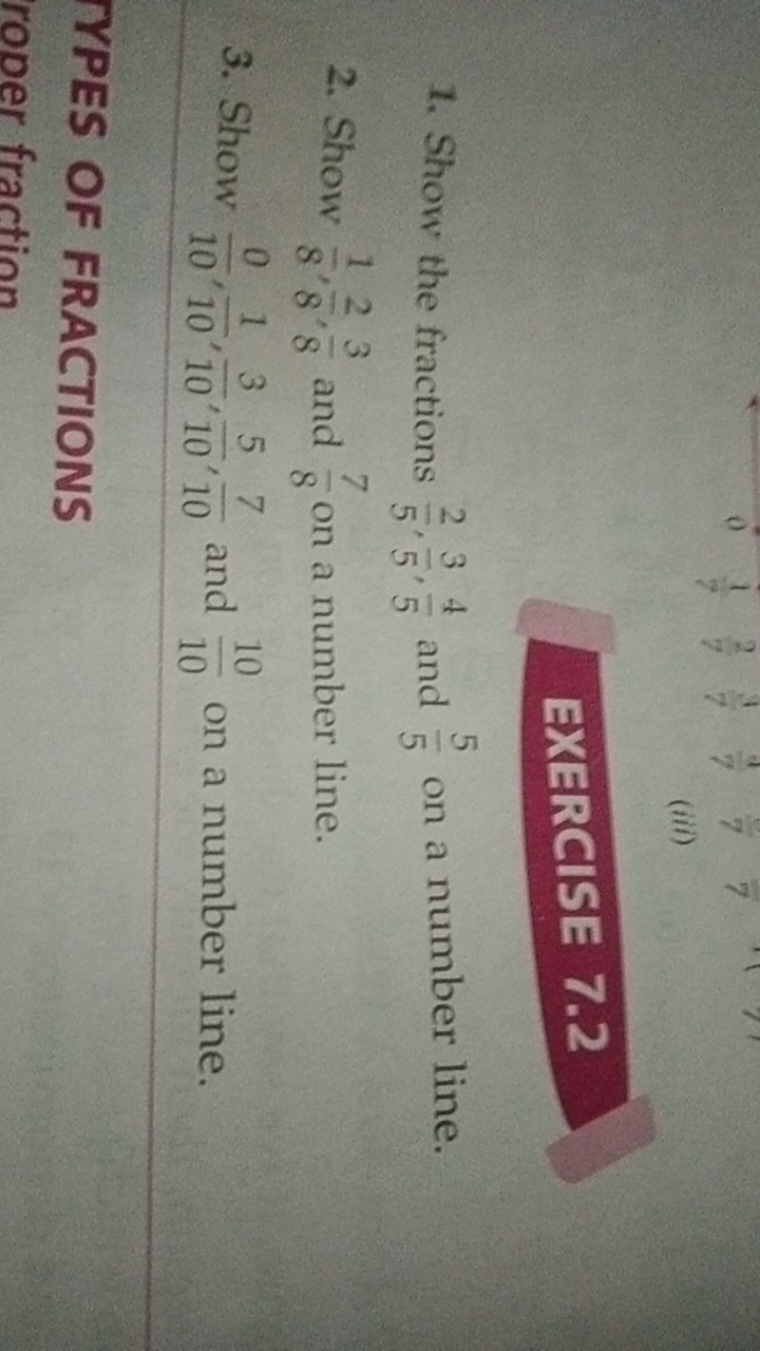 (iii)

EXERCISE 7.2
1. Show the fractions 52​,53​,54​ and 55​ on a num