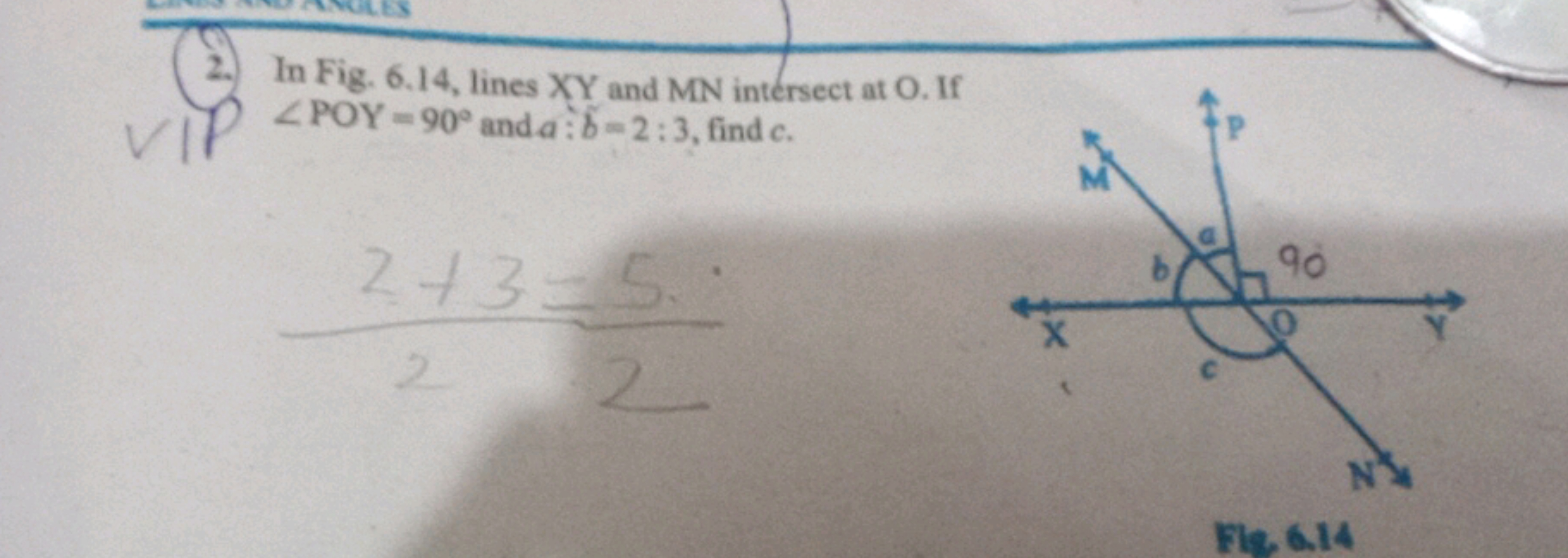 2. In Fig. 6.14, lines XY and MN intersect at O. If
POY-90° anda:8-2:3