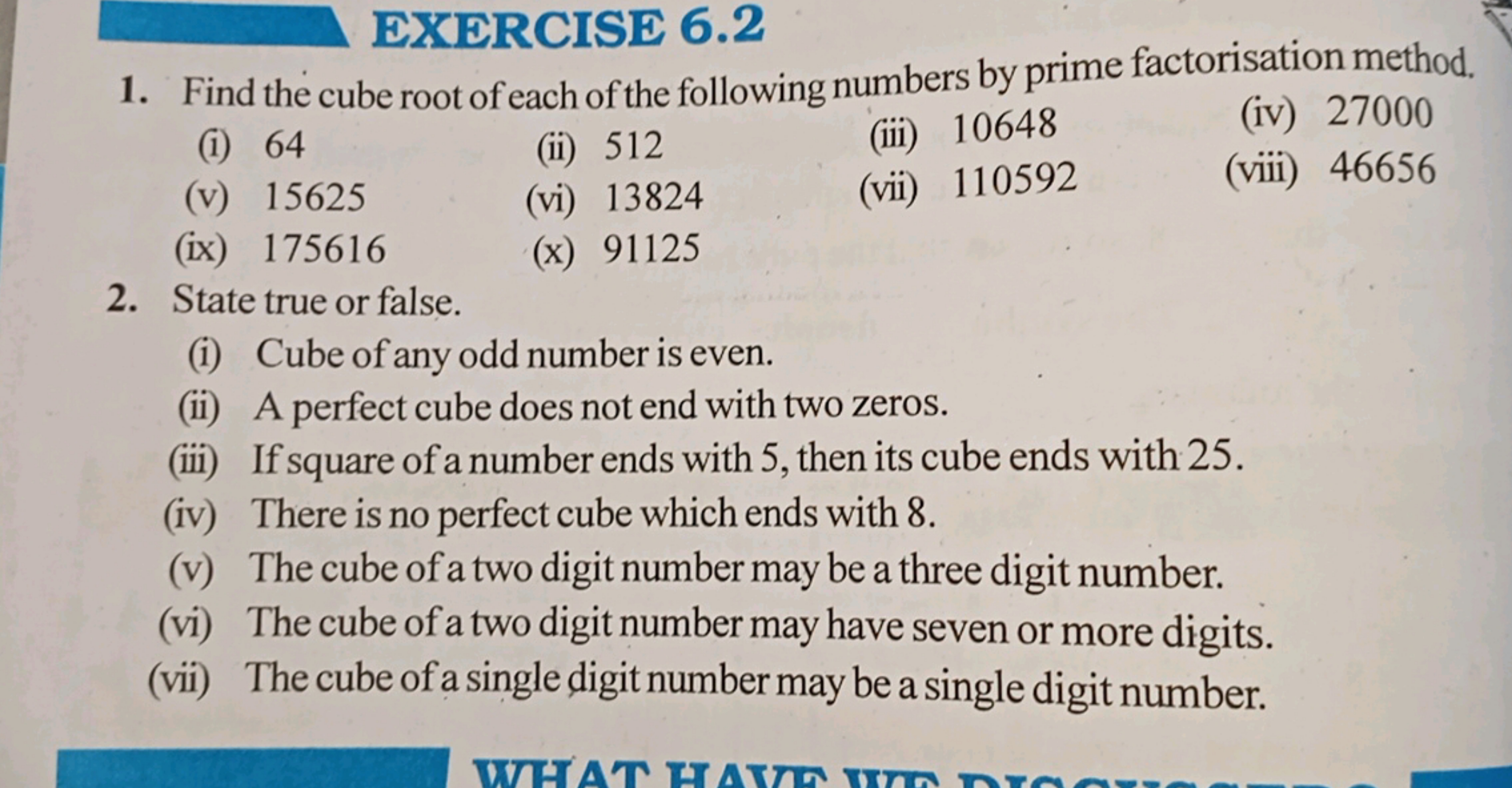 EXERCISE 6.2
1. Find the cube root of each of the following numbers by