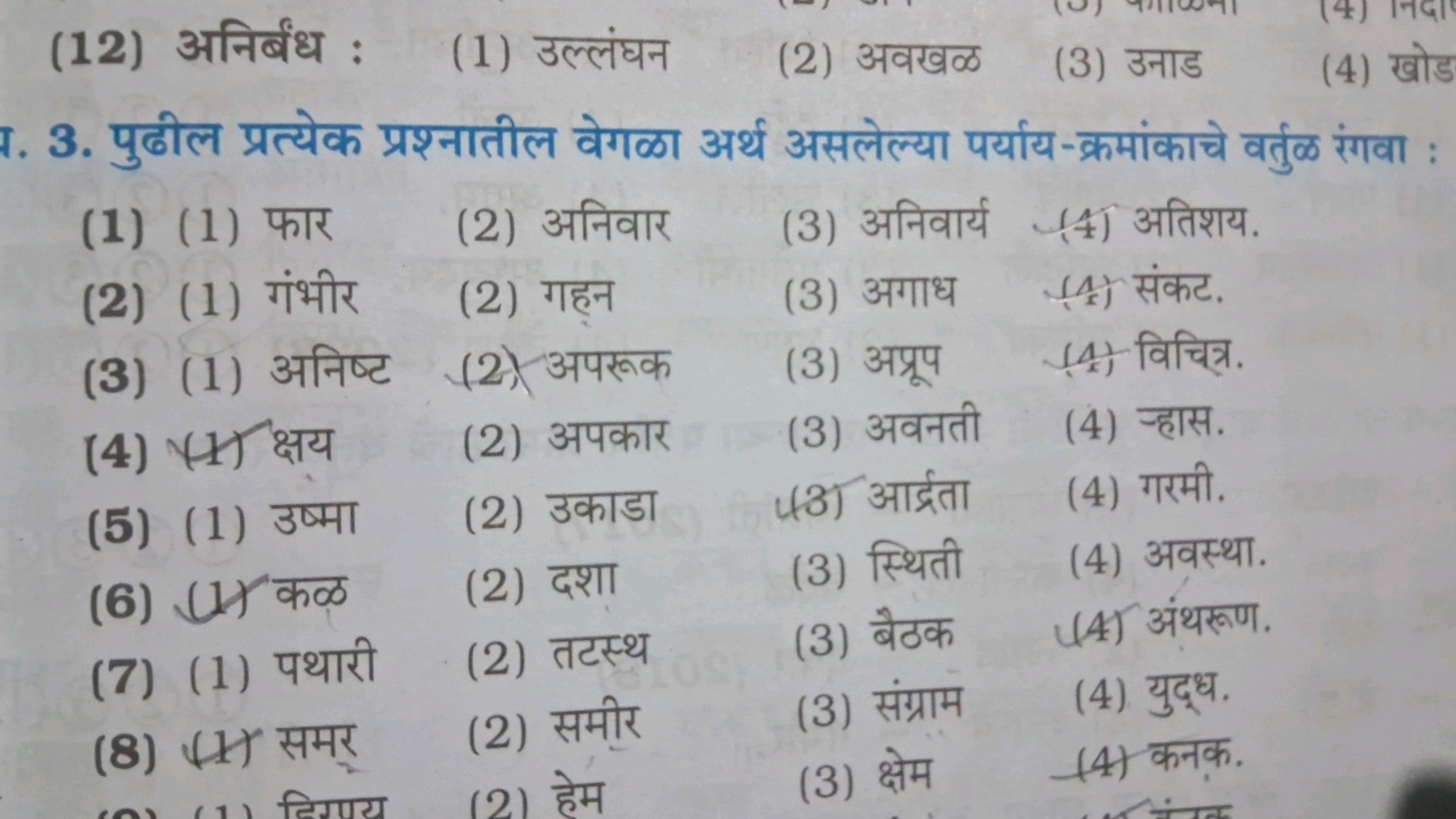 (12) अनिर्बंध :
(1) उल्लंघन
(2) अवखळ
(3) उनाड
(4) खोड

ग. 3. पुढील प्र