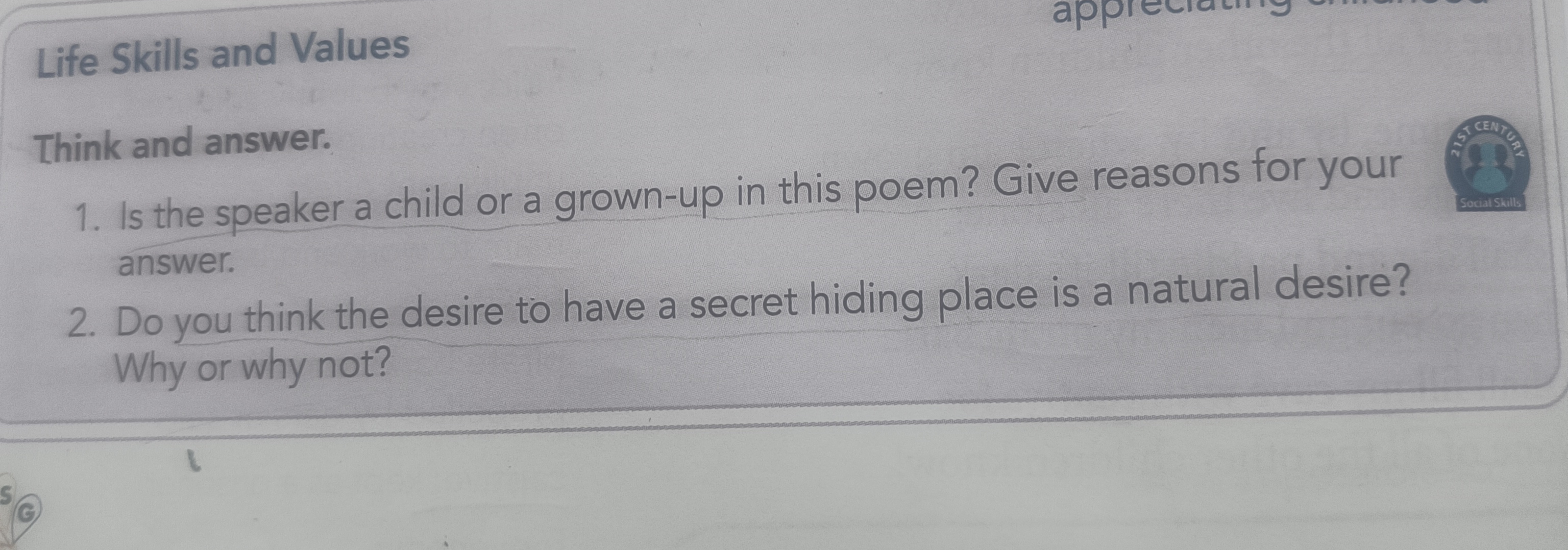 app
Life Skills and Values
Think and answer.
1. Is the speaker a child