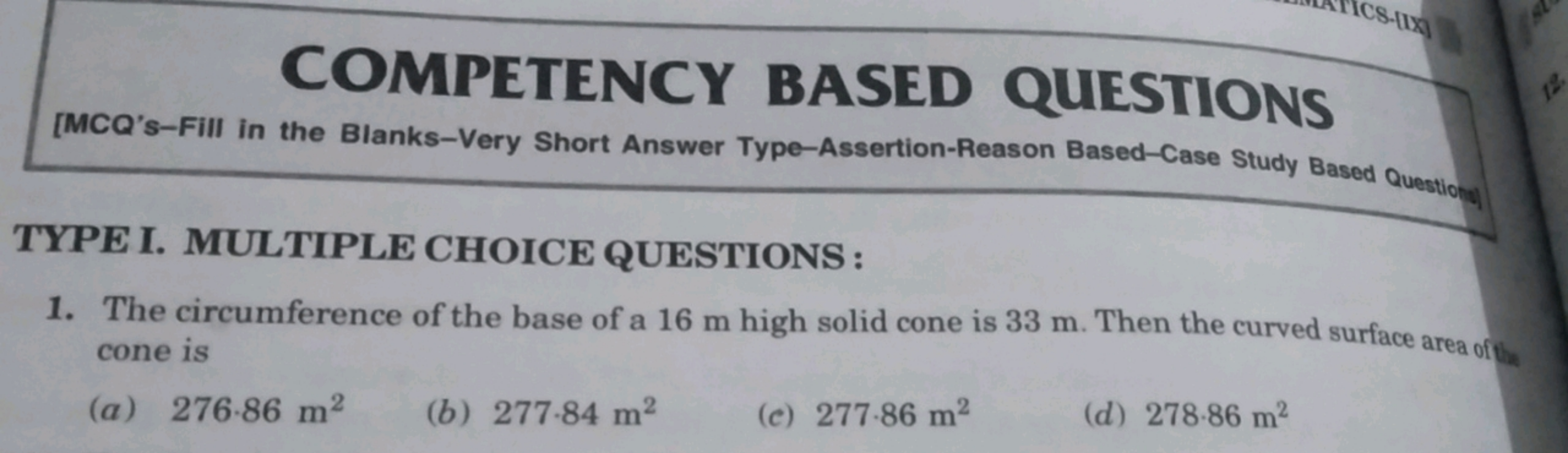 CS-(IX)
COMPETENCY BASED QUESTIONS
[MCQ's-Fill in the Blanks-Very Shor