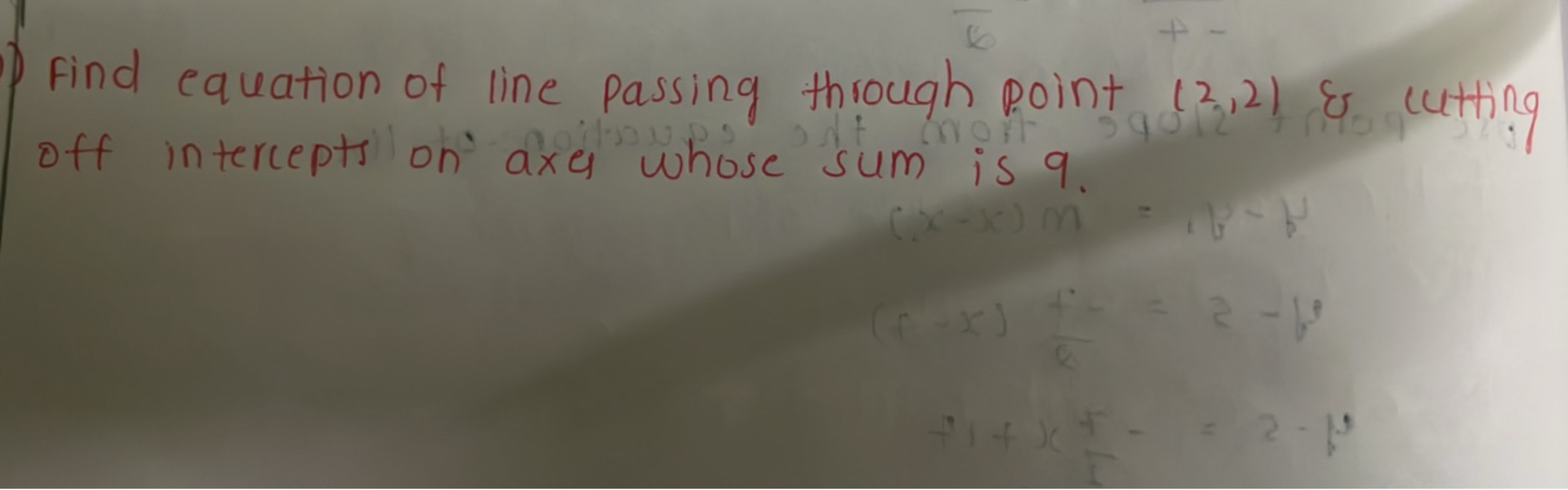 Find equation of line passing through point (2,2) \& cutting off inter