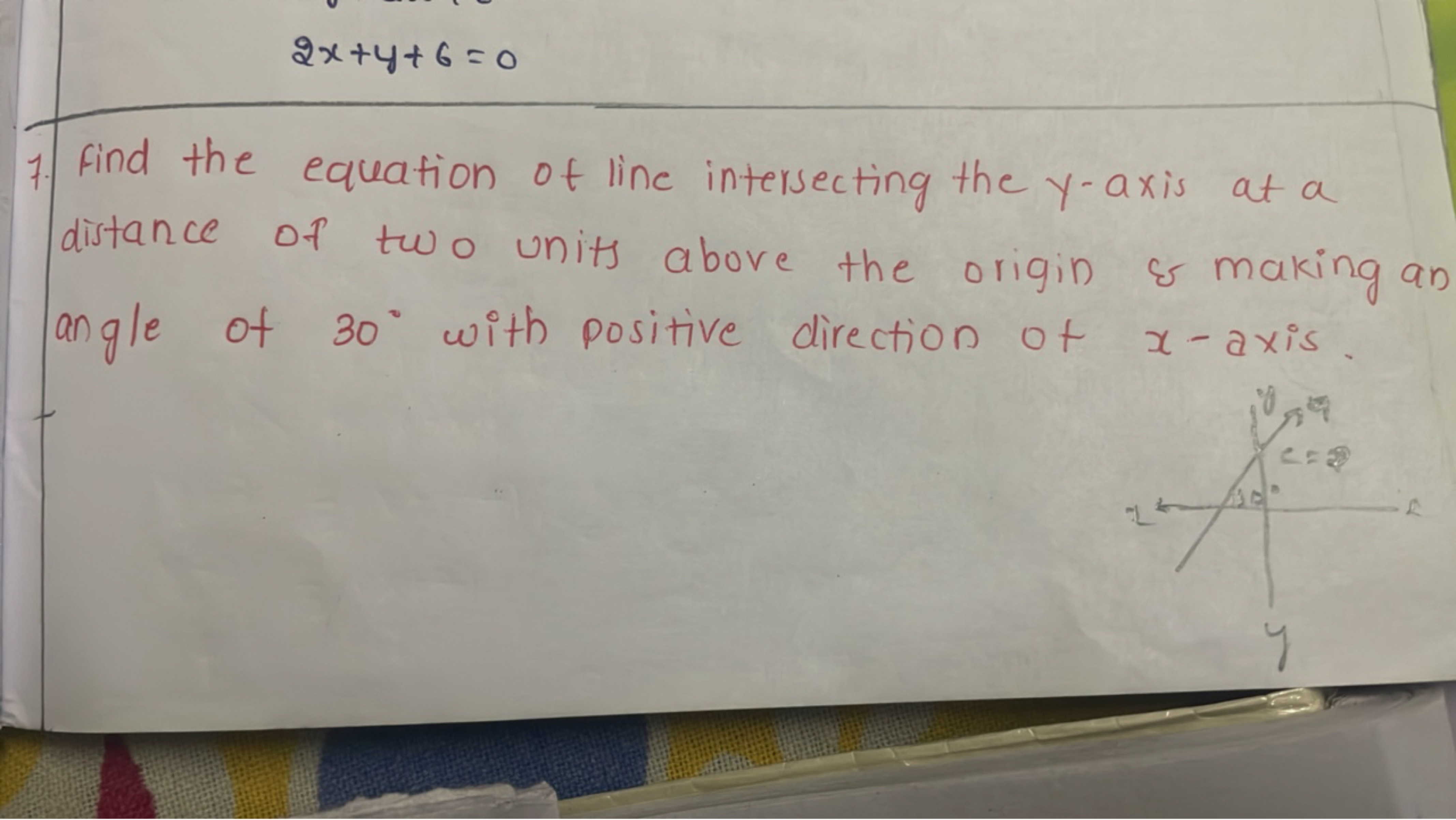 2x+y+6=0
7. Find the equation of line intersecting the y-axis at a dis