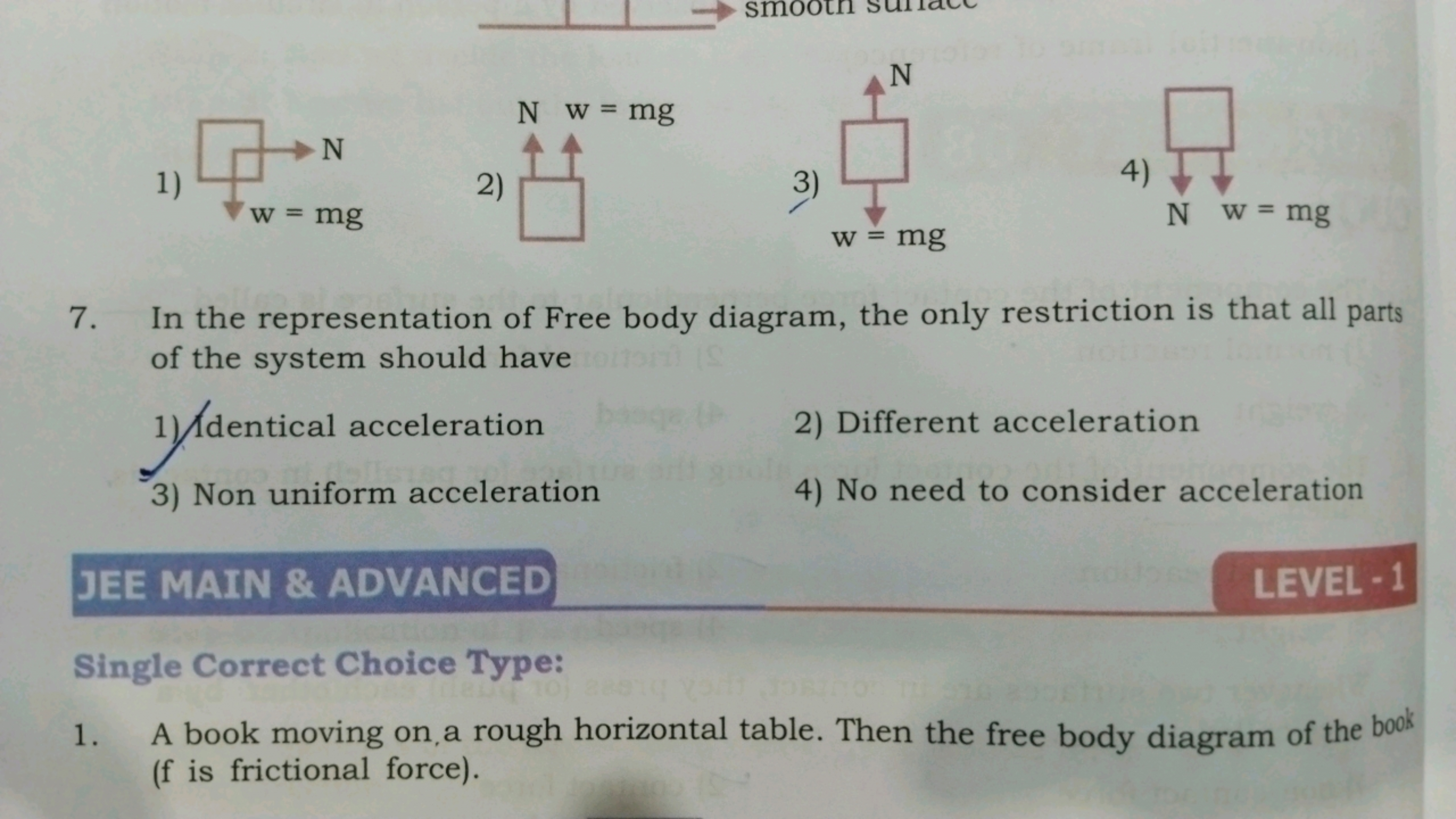 3)
4) w=mg
Nw=mg
7. In the representation of Free body diagram, the on