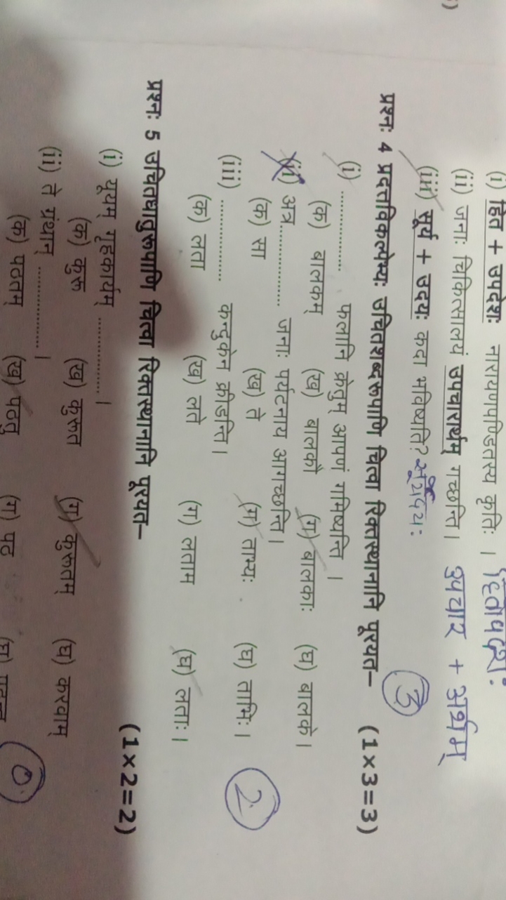 (1) हित + उपदेश: नारायणपण्डितस्य कृतिः । हितापद्रः.
(ii) जना: चिकित्सा