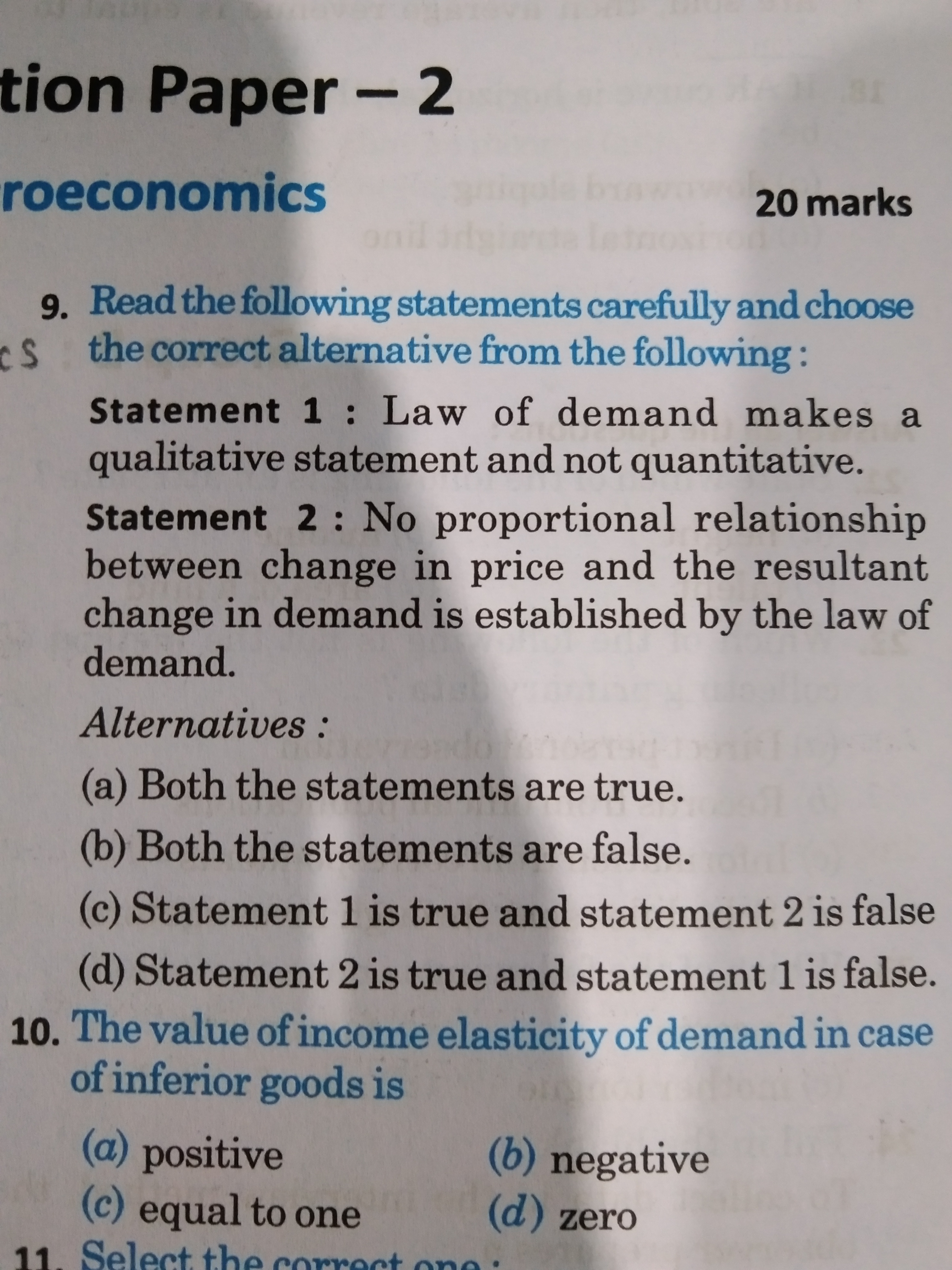 tion Paper-2
roeconomics
20 marks
9. Read the following statements car