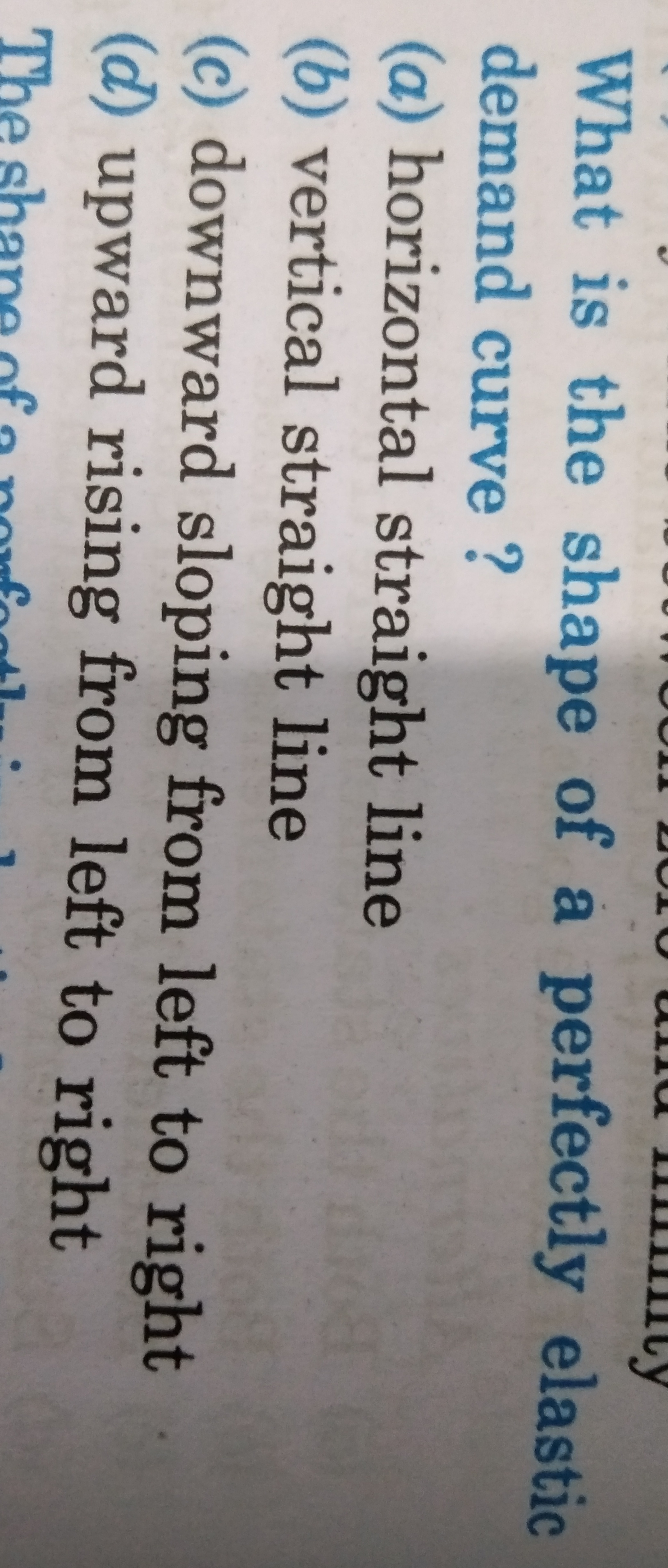 What is the shape of a perfectly elastic demand curve?
(a) horizontal 