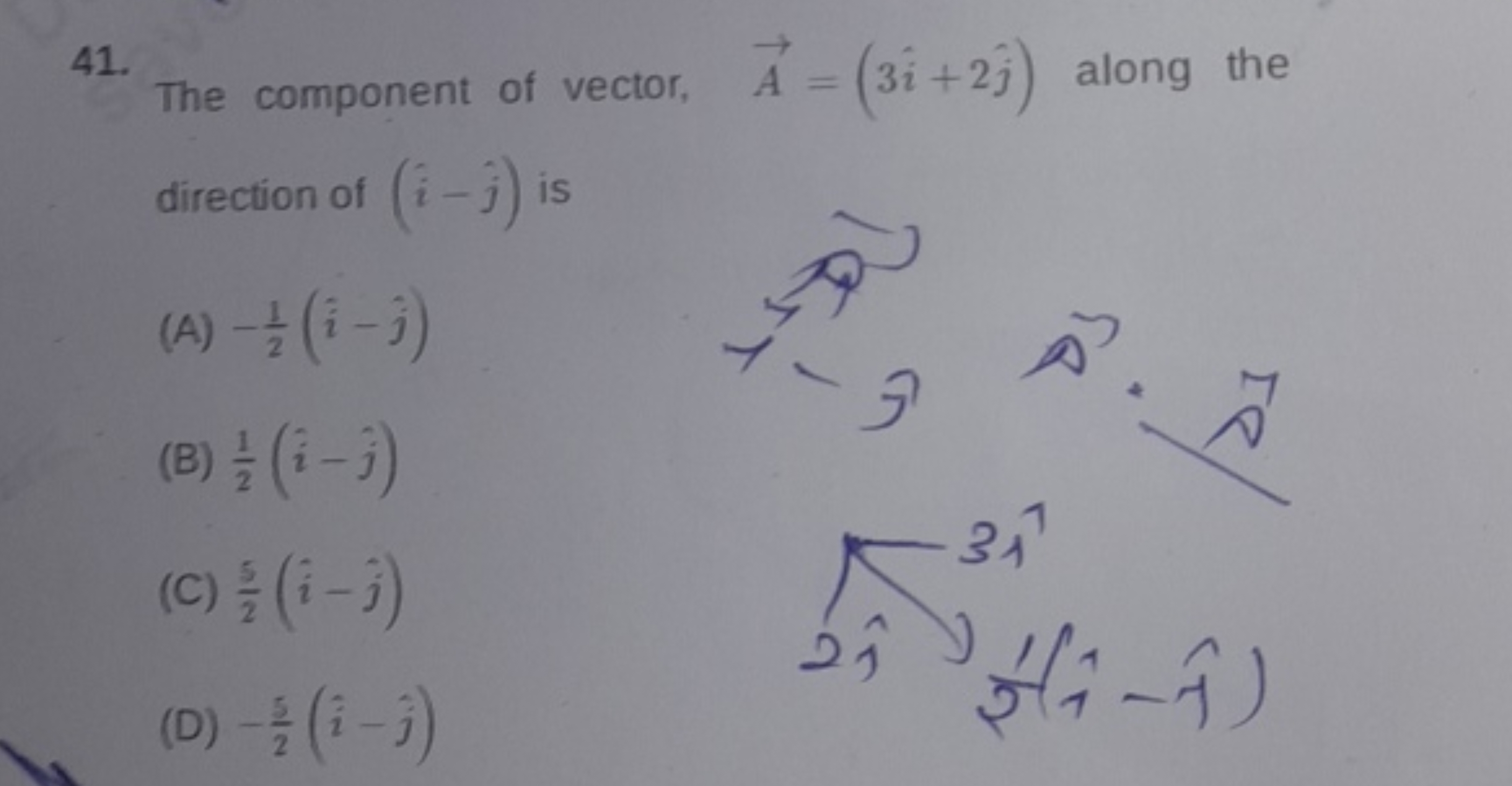 41. The component of vector, A=(3i^+2j^​) along the direction of (i^−j