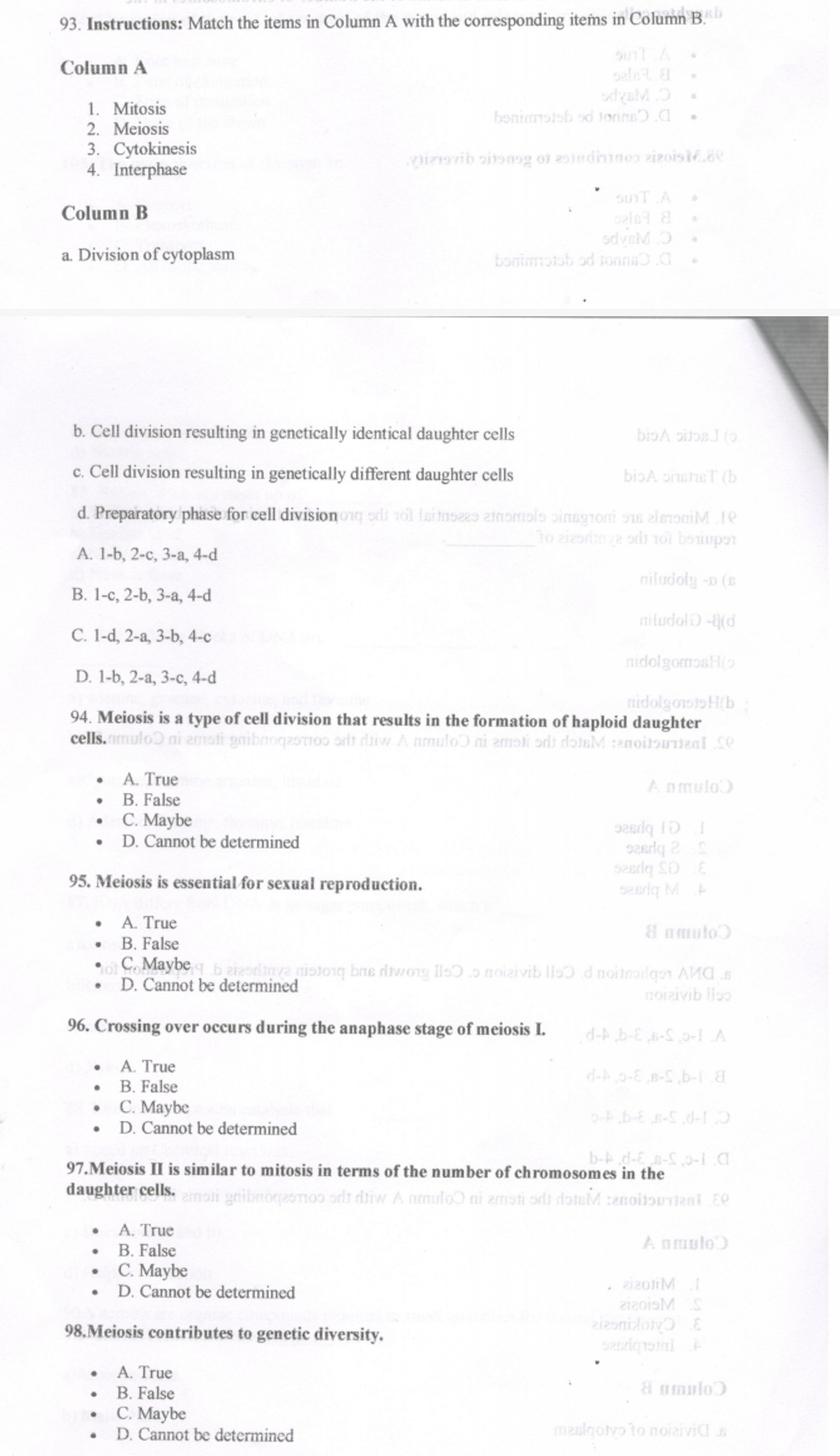 93. Instructions: Match the items in Column A with the corresponding i