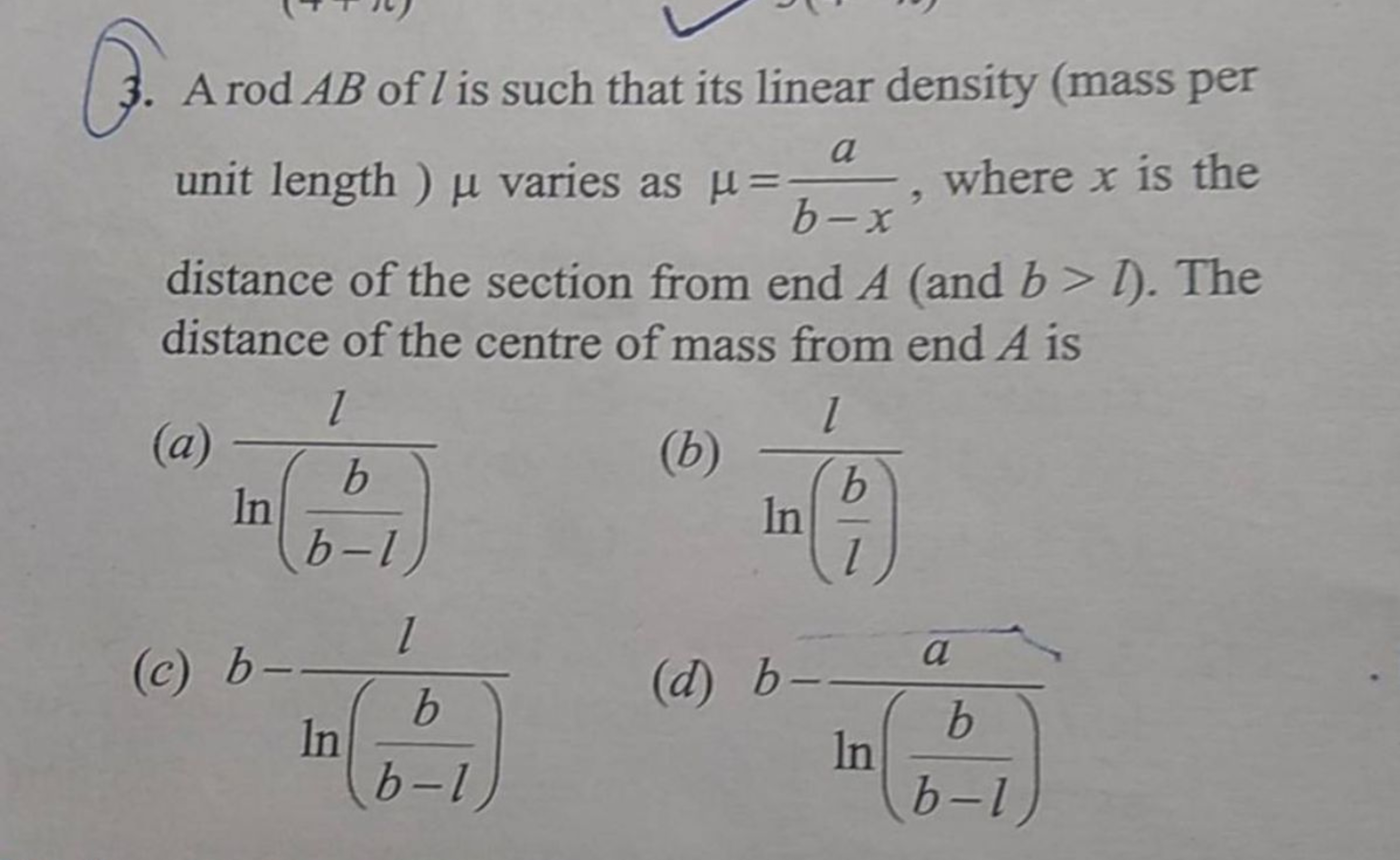 3. A rod AB of l is such that its linear density (mass per unit length