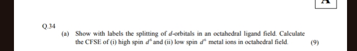 Q. 34
(a) Show with labels the splitting of d-orbitals in an octahedra