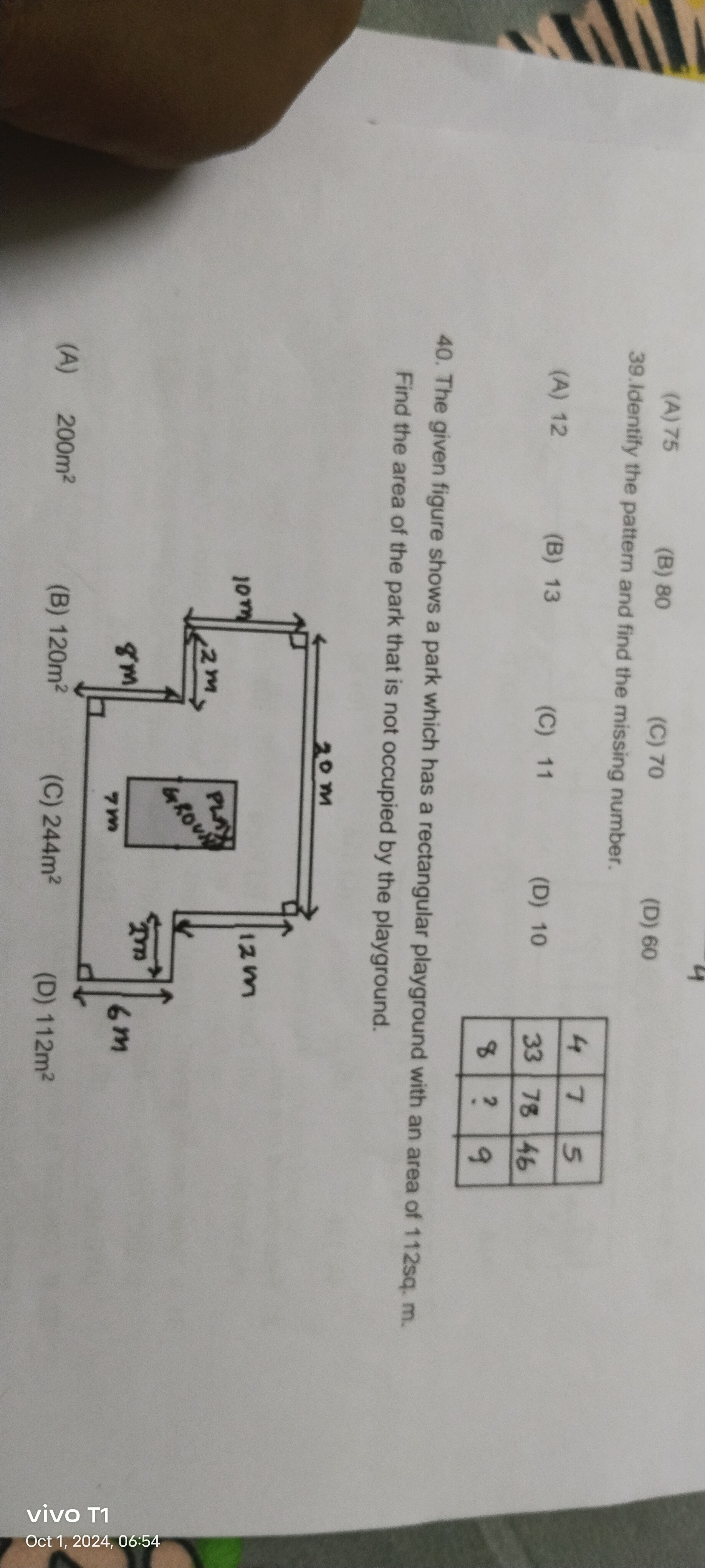 (A) 75
(B) 80
(C) 70
(D) 60
39.1 Identify the pattern and find the mis