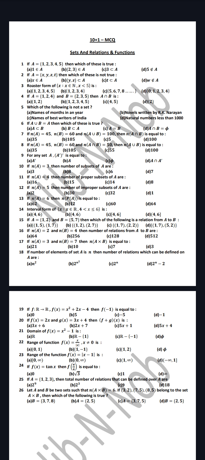 10+1−MCQ​

Sets And Relations \& Functions
1 If A={1,2,3,4,5} then whi