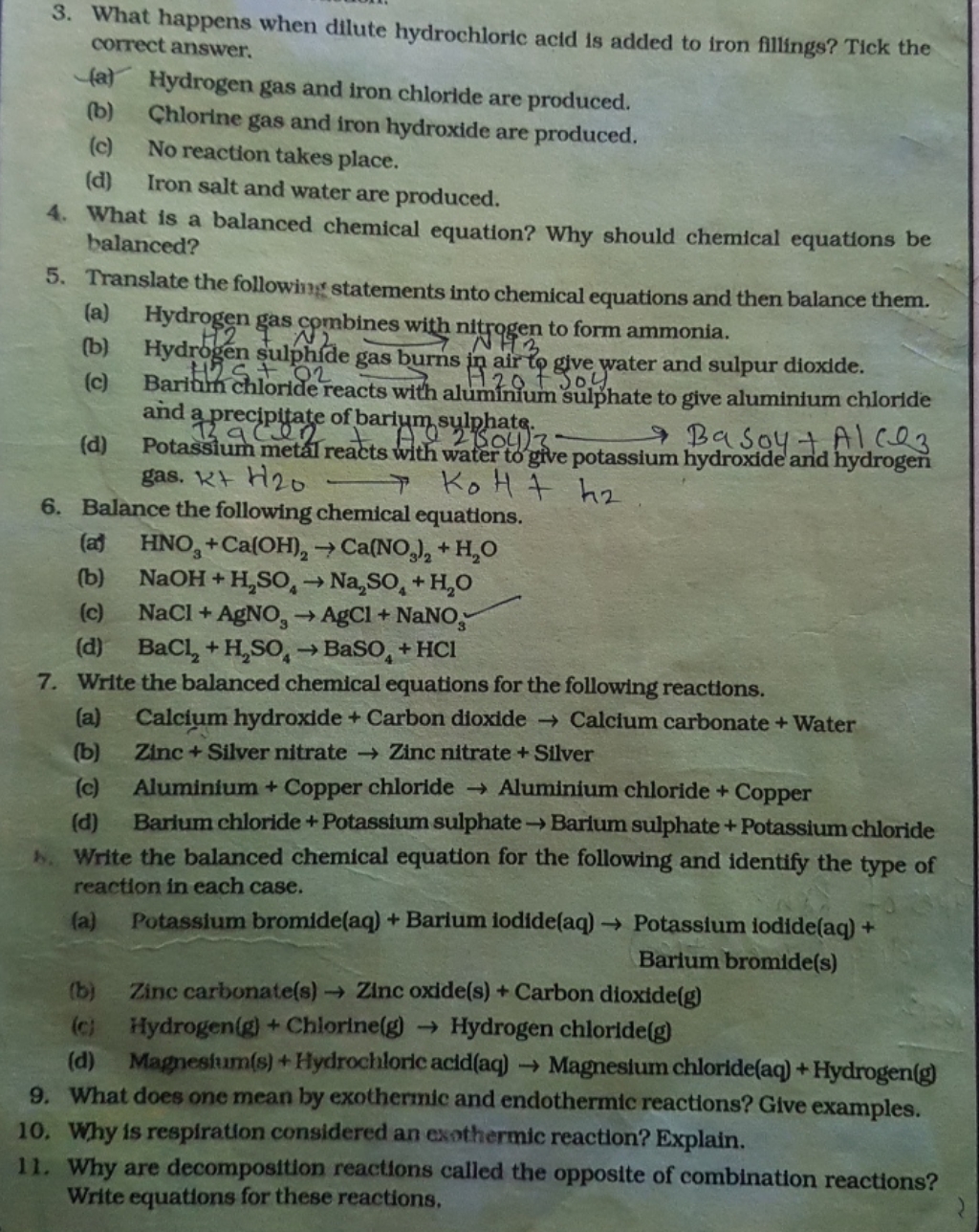 3. What happens when dilute hydrochloric acid is added to iron filling